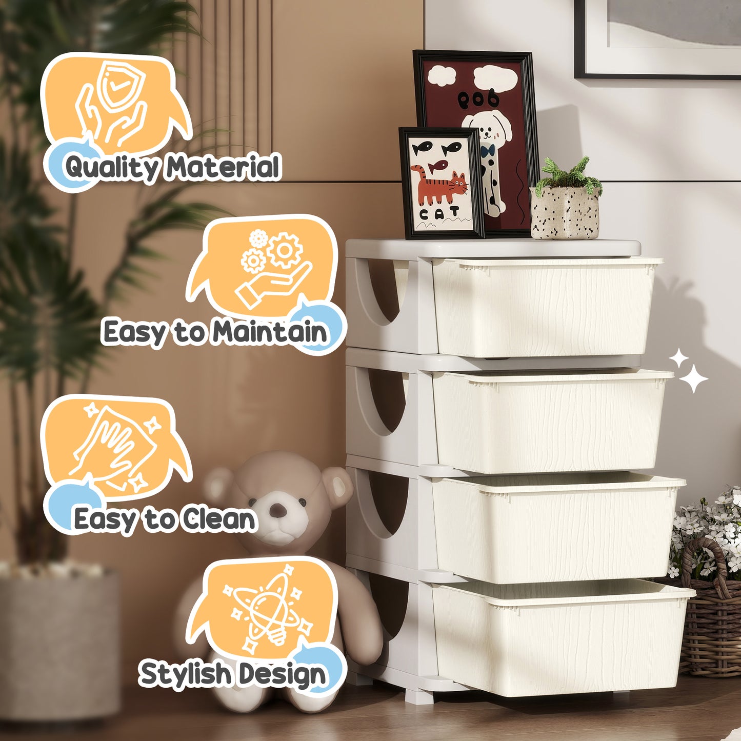 Qaba 4 Tier Kids Storage Unit, 4 Drawer Chest Toy Organizer Plastic Bins for Kids Bedroom Nursery Kindergarten Living Room for Boys Girls Toddlers, Cream White