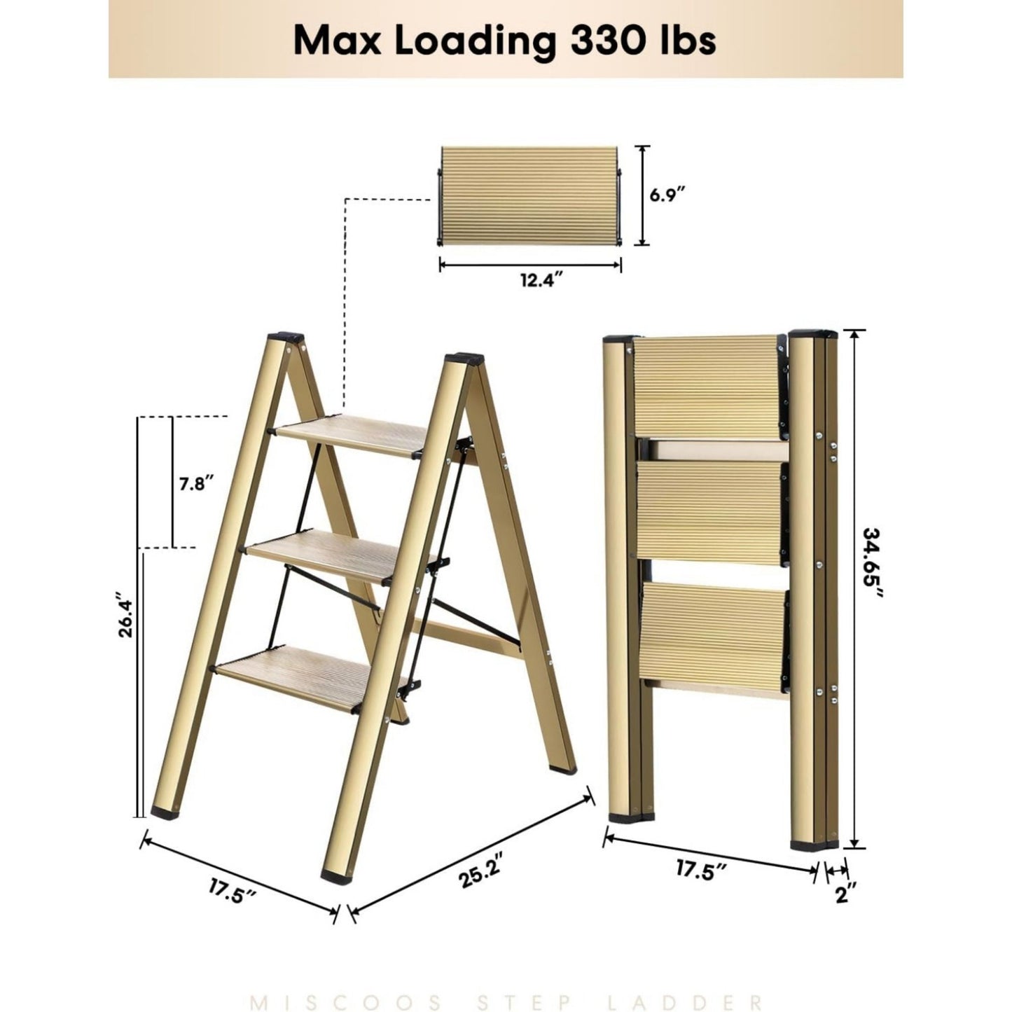 3-level ladder, foldable step stool with wide anti slip pedals, lightweight aluminum ladder, suitable for portable stairs in homes, kitchens, and offices, 300lbs gold color