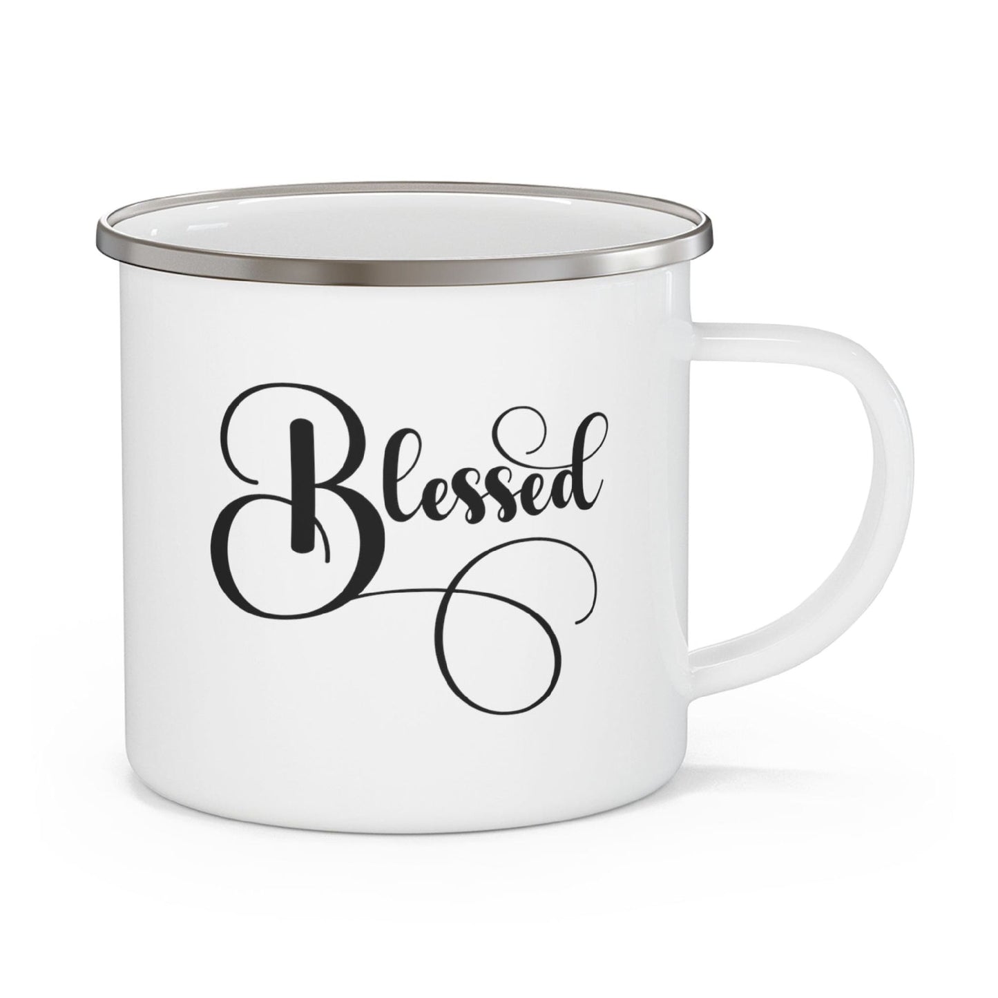 Enamel Camping Mug, Blessed Black Graphic Illustration