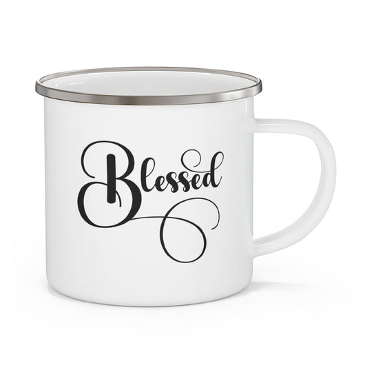 Enamel Camping Mug, Blessed Black Graphic Illustration