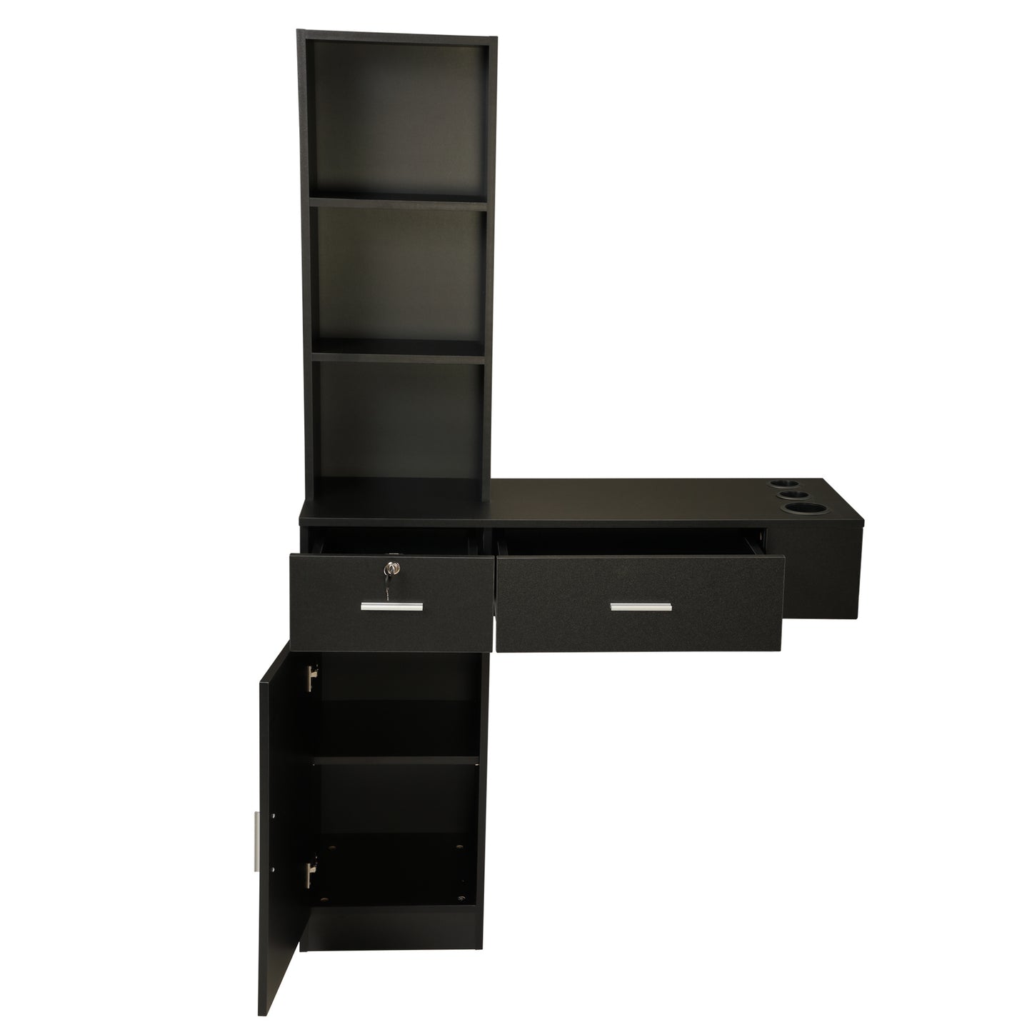 Wall Mount Hair Styling Barber Station Beauty Hair Salon Spa Equipment Set W/ 3-Tier Shelf;  Lockable Drawer;  Black XH