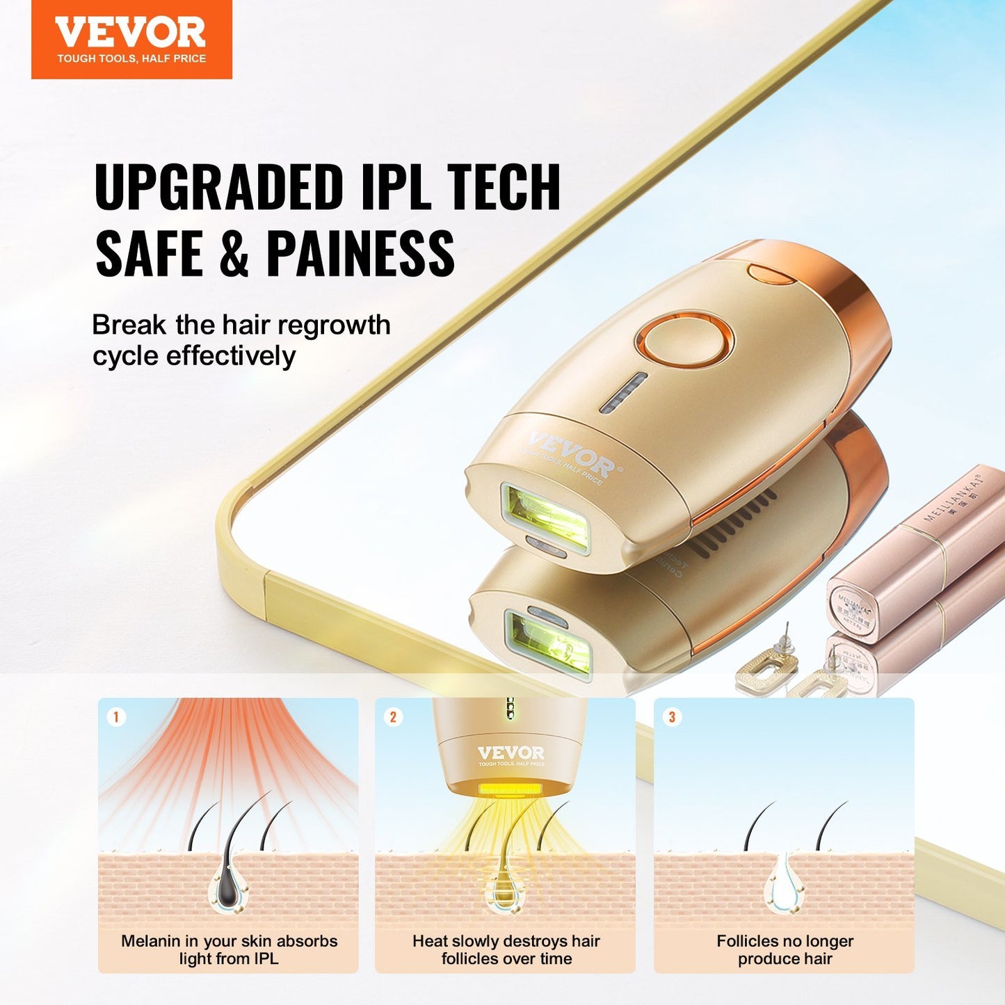 VEVOR IPL Hair Removal, Permanent Hair Removal for Women and Men, Auto/Manual Modes & 5 Adjustable Levels, Painless At-Home Hair Removal Device for Legs, Armpits, Bikini Line, Whole Body