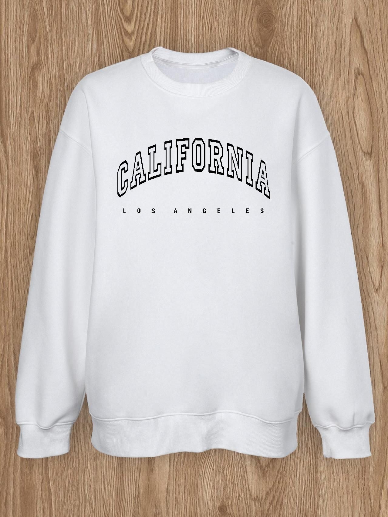 Women Basic Casual Pullover Spring Autumn Long Sleeve California Letters Printed Round Neck White