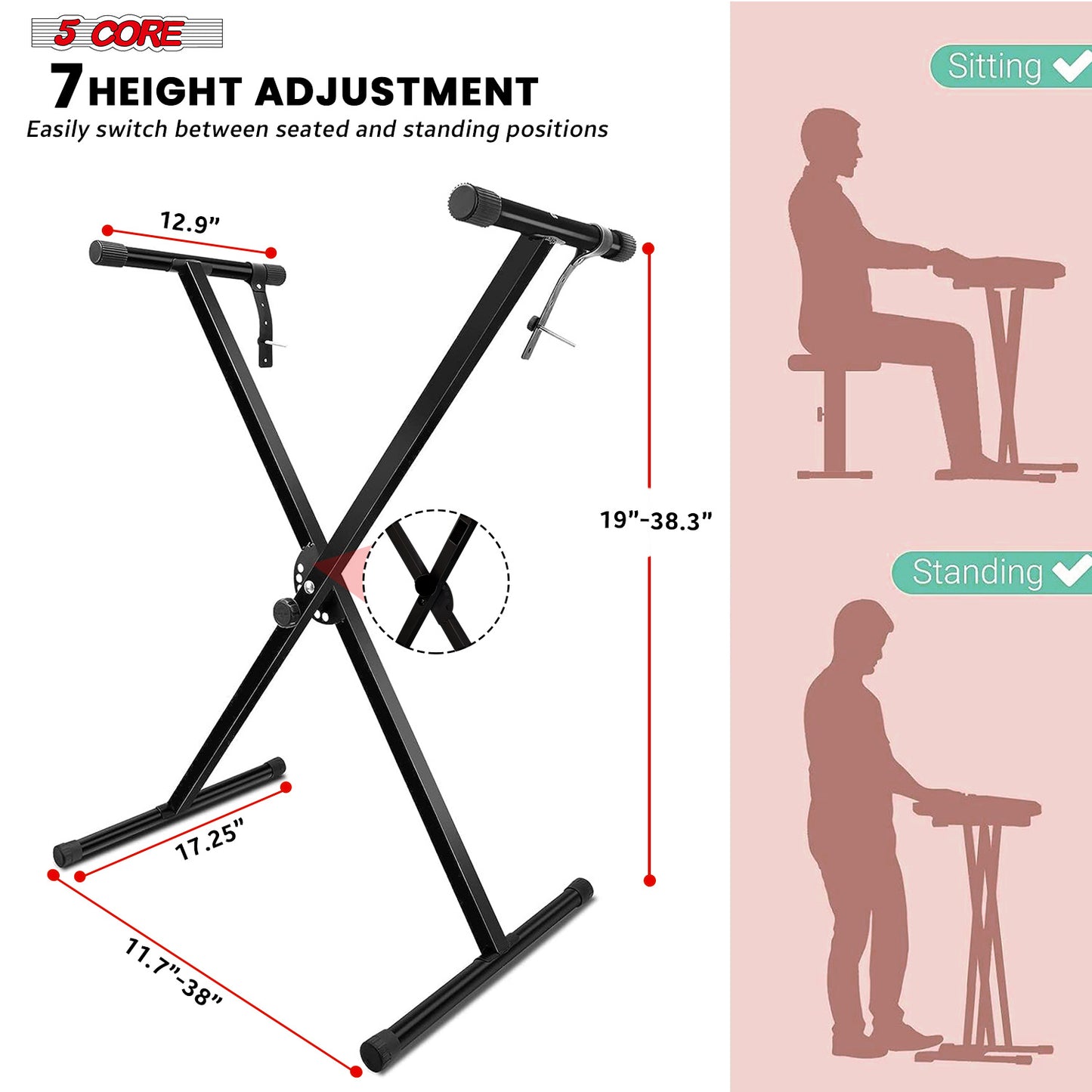 5 Core Keyboard Stand Digital Piano Riser Adjustable X Style Electric Key Board Casio Synth Holder Foldable Portable Fits 54 61 88 Keys - KS 1X