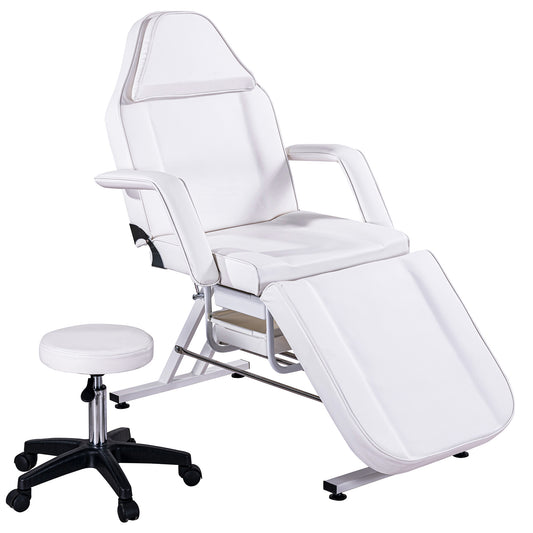 Massage Salon Tattoo Chair with Two Trays Esthetician Bed with Hydraulic Stool,Multi-Purpose 3-Section Facial Bed Table, Adjustable Beauty Barber Spa Beauty Equipment, White