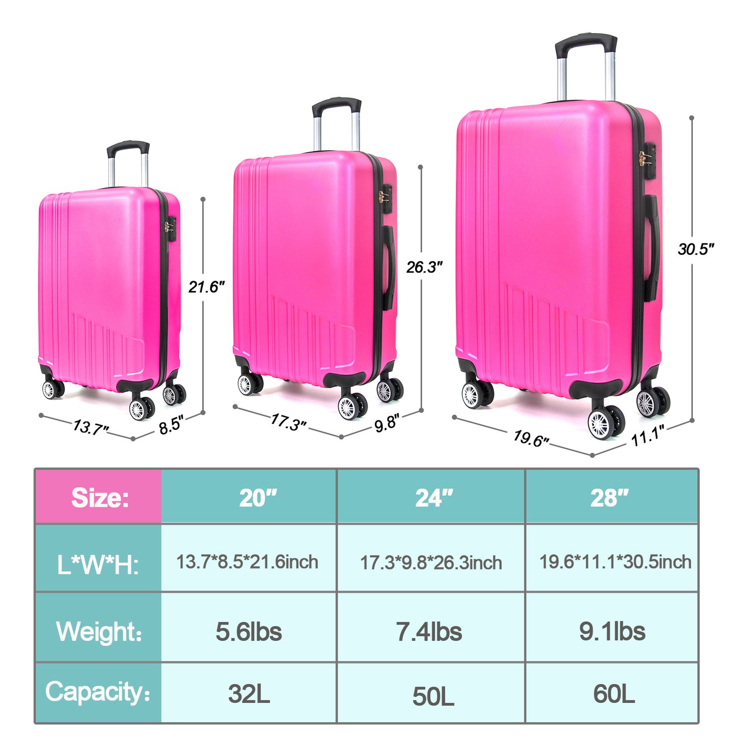 Hard Shell ABS 3 Piece Luggage Set (20/24/28 inches), with TSA Lock,and 360°Rotating Wheel ,Effortless Mobility Carry on Suitcase set Men Women