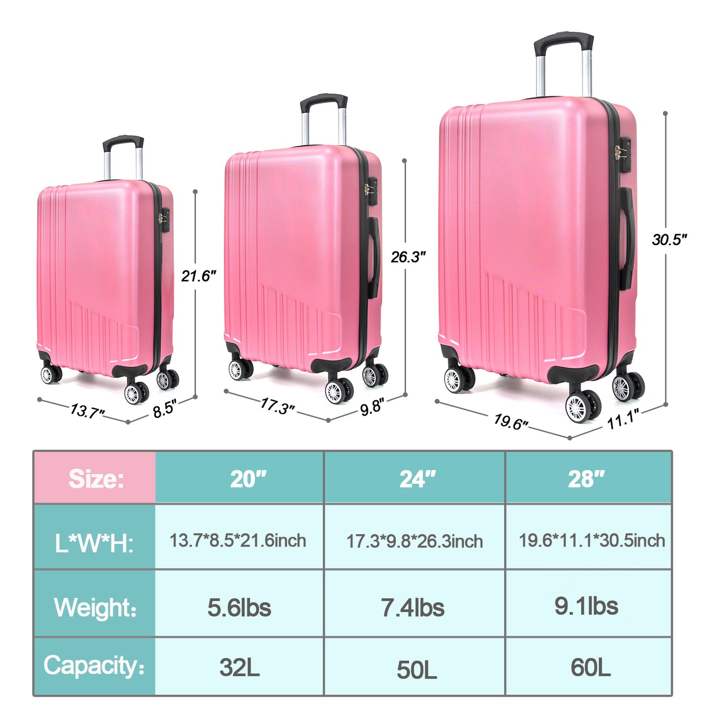 Hard Shell ABS 3 Piece Luggage Set (20/24/28 inches), with TSA Lock,and 360°Rotating Wheel ,Effortless Mobility Carry on Suitcase set Men Women