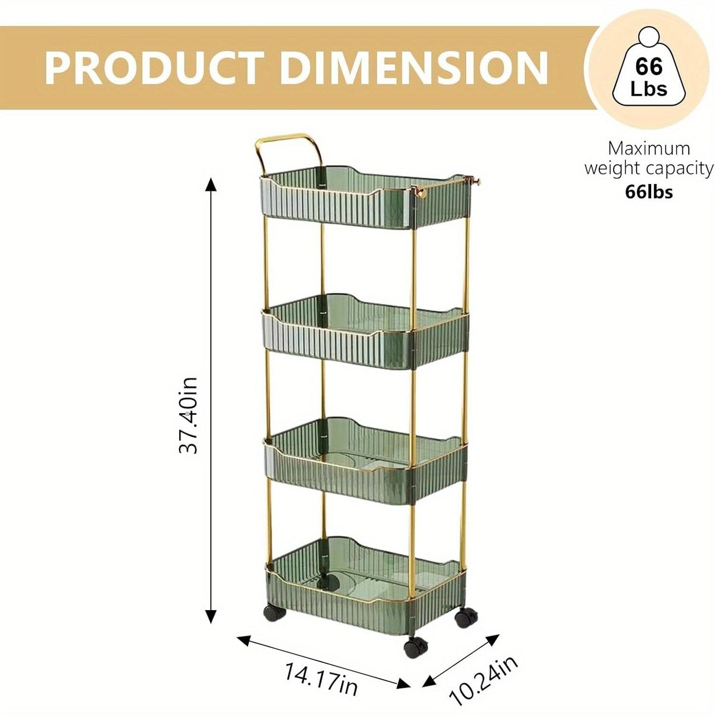 4-Tier Acrylic Rolling Storage Cart, Rolling Utility Cart, Kitchen Cart with Wheels for Bathroom, Living Room, Kithcen, Office Storage and Organization (14''X10''X37'')(Green)