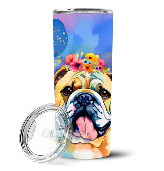 English Bulldog Hippie Dawg Stainless Steel Skinny Tumbler Vacuum Double Walled Reusable Insulated Tumbler Travel Cup for Coffee Cocktails Gift with Lid, 20 oz