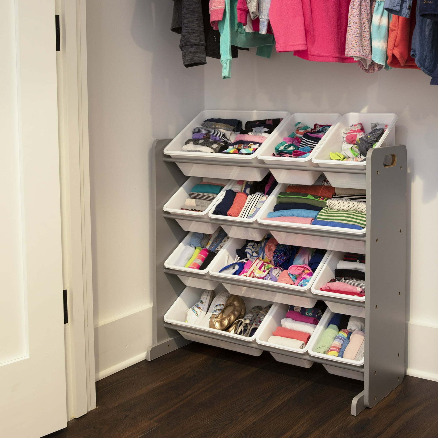 Children Wood and Plastic Organizing Rack with 12 Bins, Gray and White