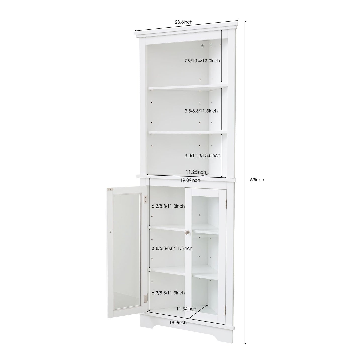 FRALIMK Matte White Tall Corner Storage Cabinet, Floor Storage Narrow Organizers With Double Glass Doors and Adjustable Shelves