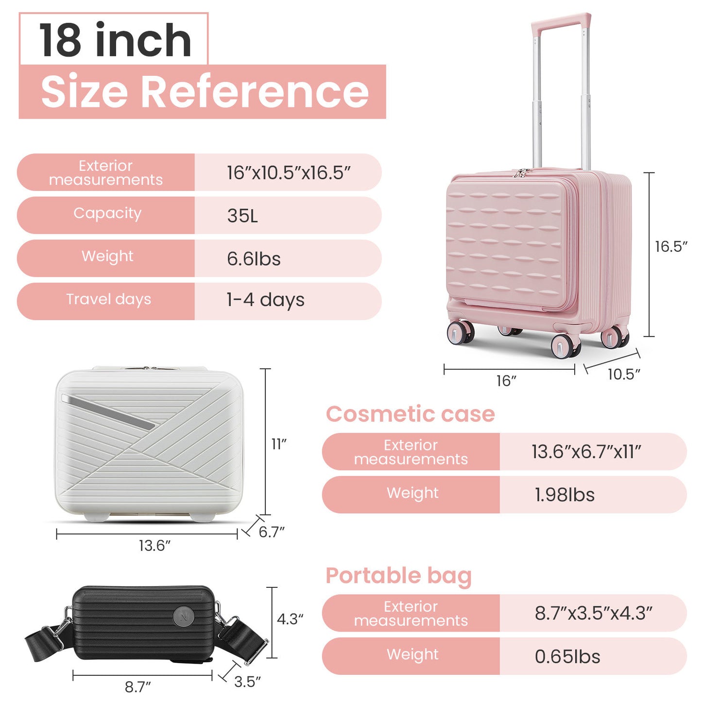 18" Carry On Luggage with Front Open Door &Laptop Interlayer, Hard Shell Suitcase Built-In TSA Luggage Lock, Hardside Lightweight PC Travel Suitcase for Women Men with Spinner Wheels Airline Approved