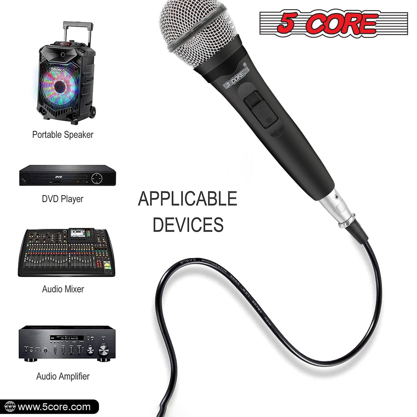 5 Core Microphone XLR Dynamic Mic Karaoke Singing Handheld Microfono Wired Professional Unidirectional 1/4 Plug In Cord Connection for Vocal DJ Music - PM 600