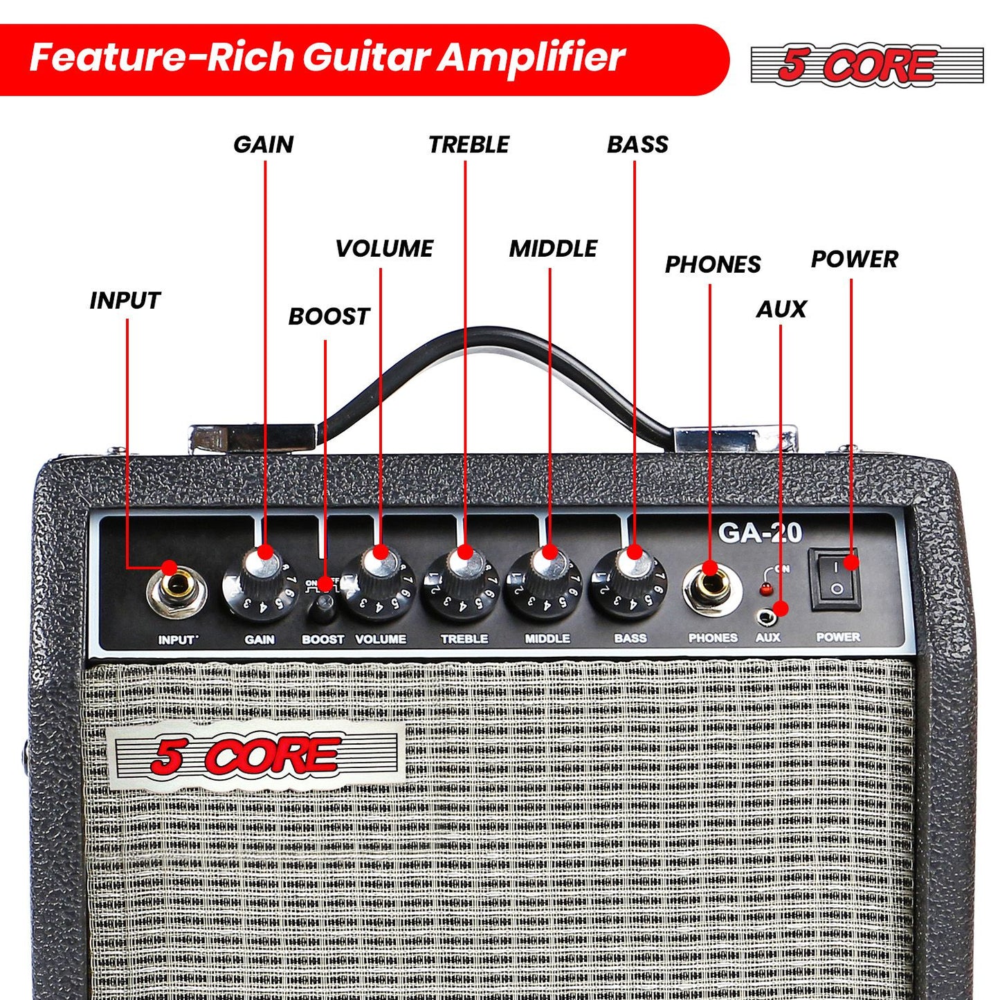 5 Core Guitar Amp 20W Amplifier for Electric Bass Acoustic Practice Amps Small Portable Mini Amplificador para Bajo with Built in Effects - GA 20 BLK