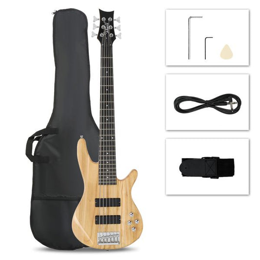 [Do Not Sell on Amazon] Glarry Full Size GIB 6 String H-H Pickup Electric Bass Guitar Bag Strap Pick Connector Wrench Tool Burlywood