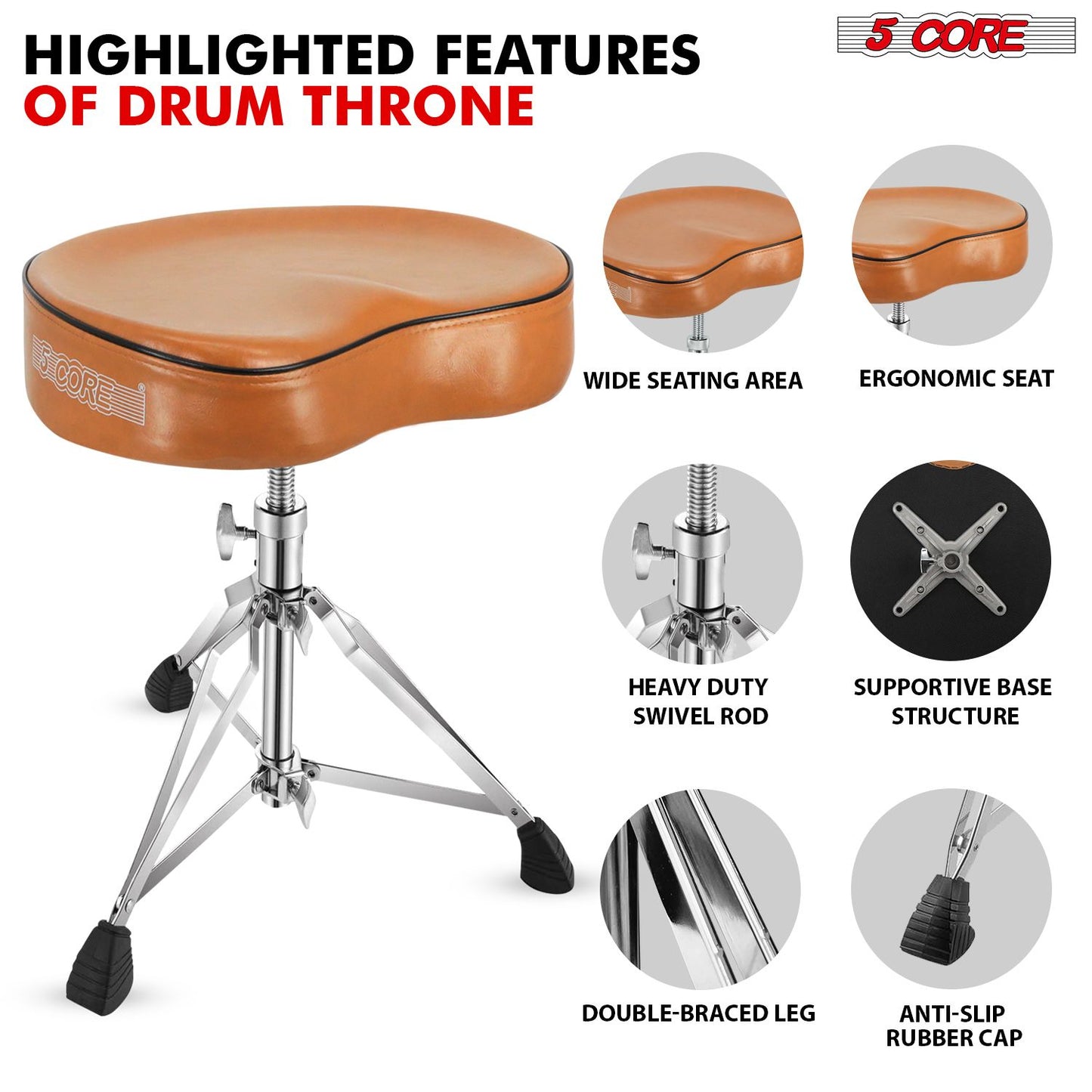 5 CORE Drum Throne Padded Guitar Stool Adjustable Heavy Duty Saddle Music Chair Seat Universal for Adults & Kids with Anti Slip Rubber Feet - DS CH BR SDL HD