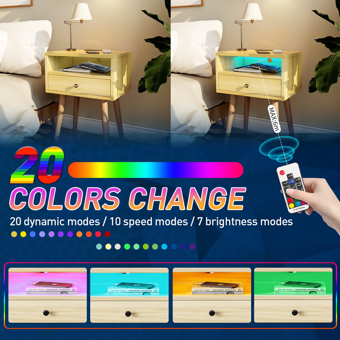 Nightstands with Charging Station, 2-Tier Storage & 20 Colors Remote LED Lights.