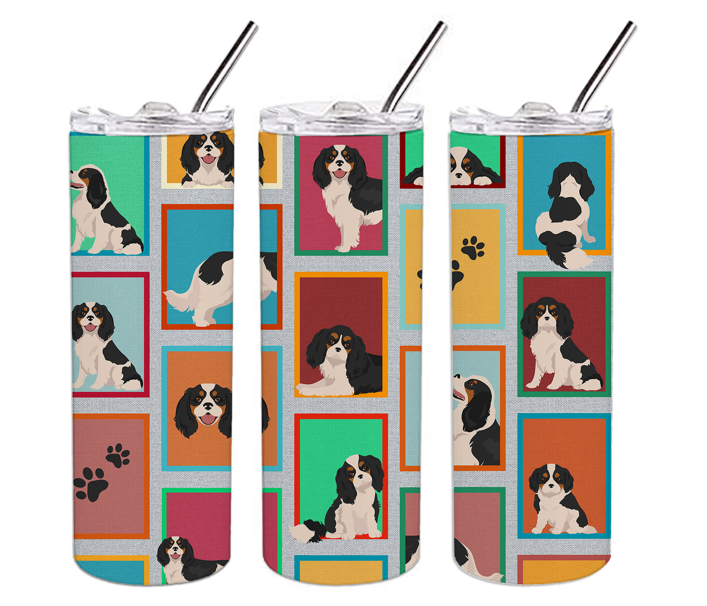 Lots of Tricolor Cavalier Spaniel Stainless Steel Skinny Tumbler Vacuum Double Walled Reusable Insulated Tumbler Travel Cup for Coffee Cocktails Gift with Lid, 20 oz