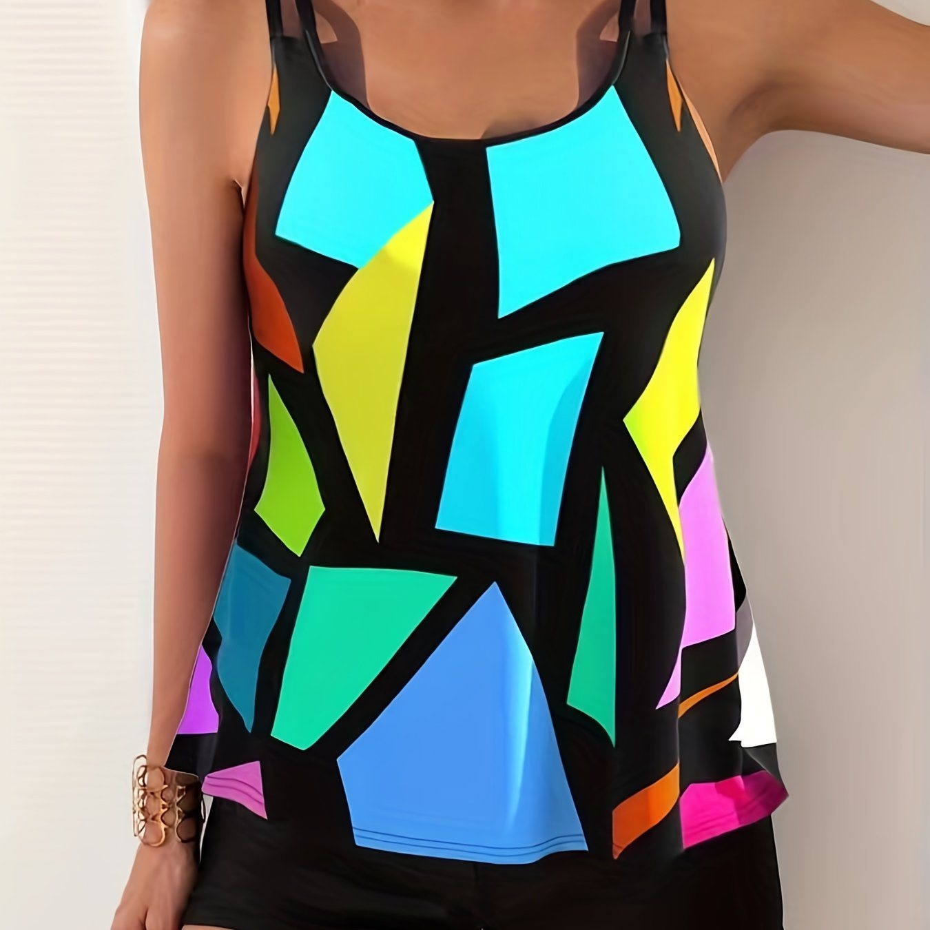 Geometric Pattern Multicolored Tankini Sets, Round Neck Boxer Short Bottom Two Pieces Swimsuit, Women's Swimwear & Clothing