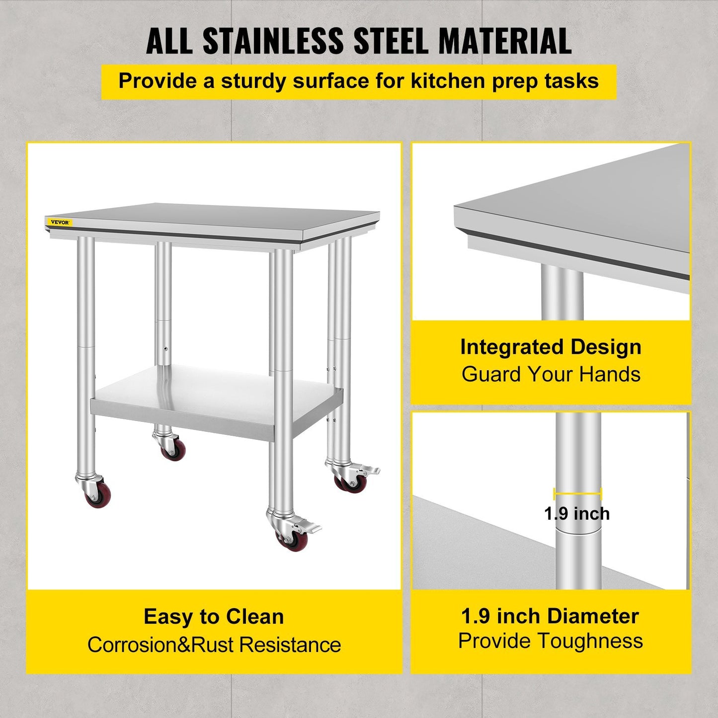 VEVOR Stainless Steel Work Table with Wheels 24 x 30 Prep Table with casters Heavy Duty Work Table for Commercial Kitchen Restaurant Business (24 x 30 x 33.8 Inch)