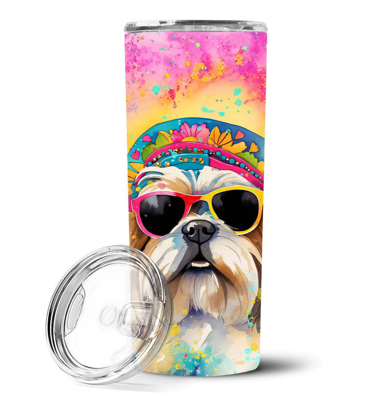 Shih Tzu Hippie Dawg Stainless Steel Skinny Tumbler Vacuum Double Walled Reusable Insulated Tumbler Travel Cup for Coffee Cocktails Gift with Lid, 20 oz