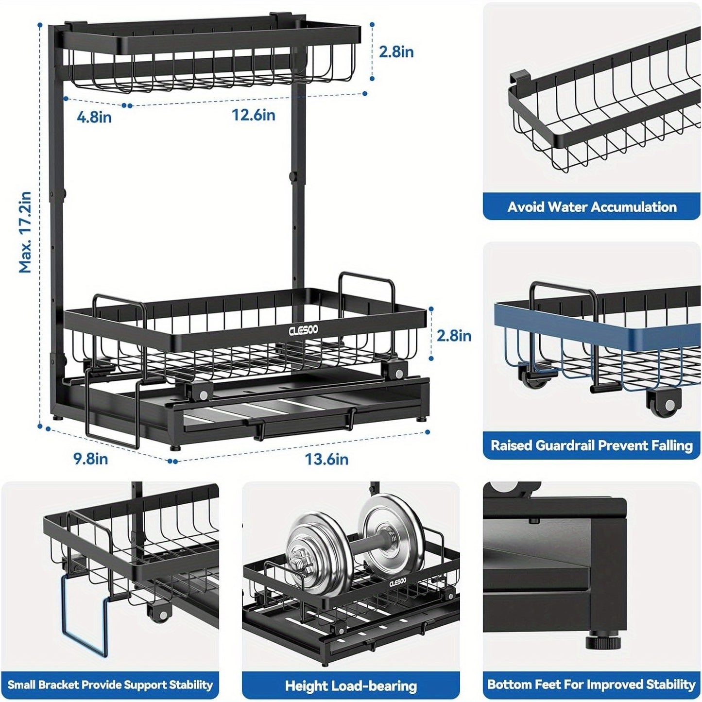 Organizer 2 Tier Slide Out Under Sink Shelf Cabinet Storage Shelf Under Sink Storage for Kitchen Bathroom Metal L-Shape (Black, 1pack)