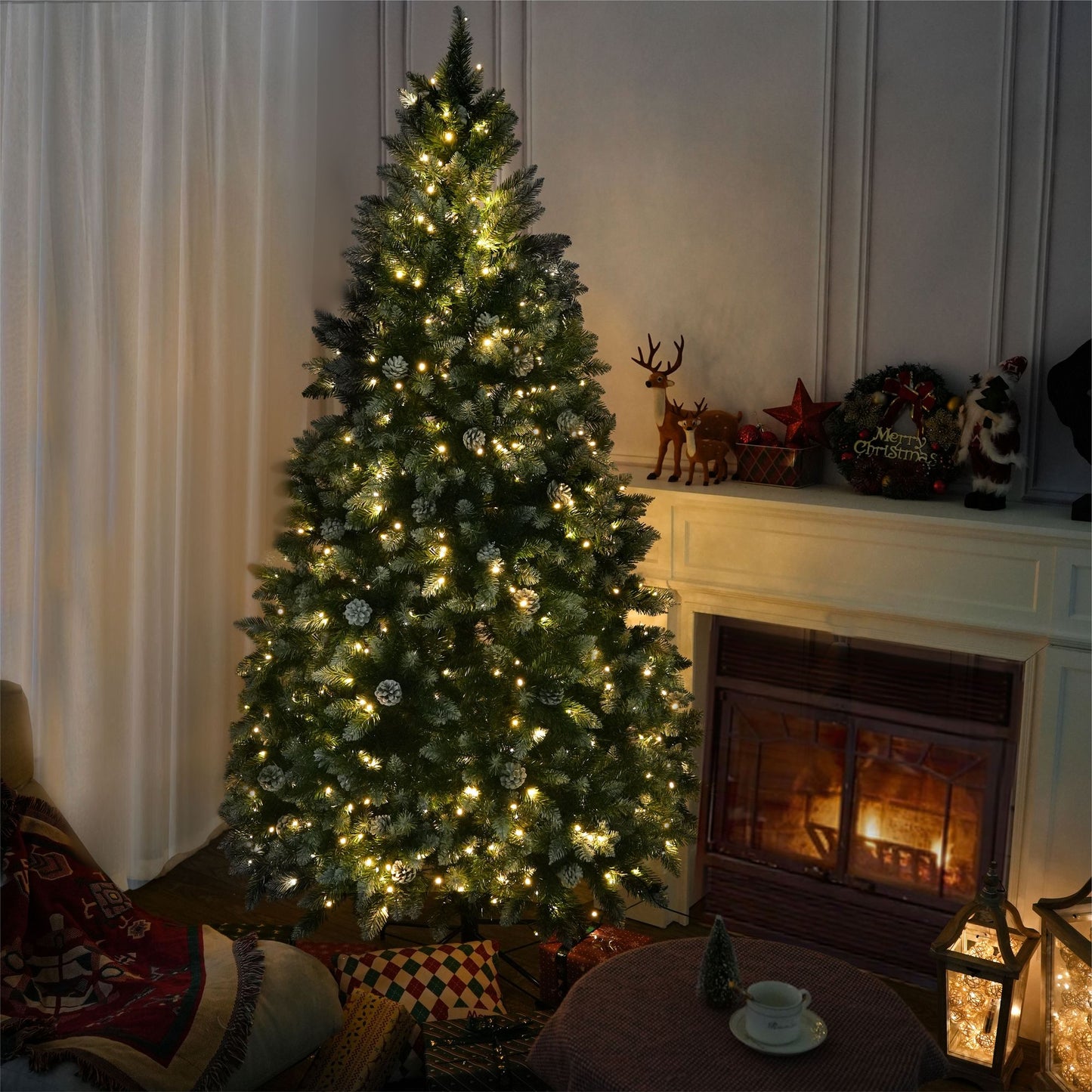 7FT Snow-Frosted Christmas Tree with Pine Cones and 500 Warm White LED Lights