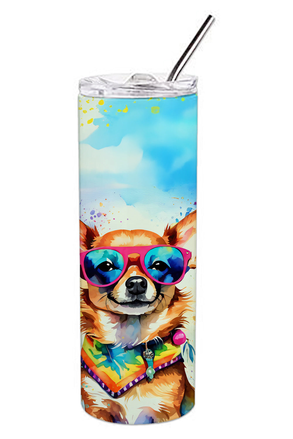 Chihuahua Hippie Dawg Stainless Steel Skinny Tumbler Vacuum Double Walled Reusable Insulated Tumbler Travel Cup for Coffee Cocktails Gift with Lid, 20 oz