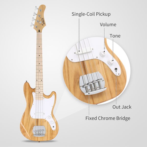 [Do Not Sell on Amazon] Glarry 4 String 30in Short Scale Thin Body GB Electric Bass Guitar with Bag Strap Connector Wrench Tool Burlywood