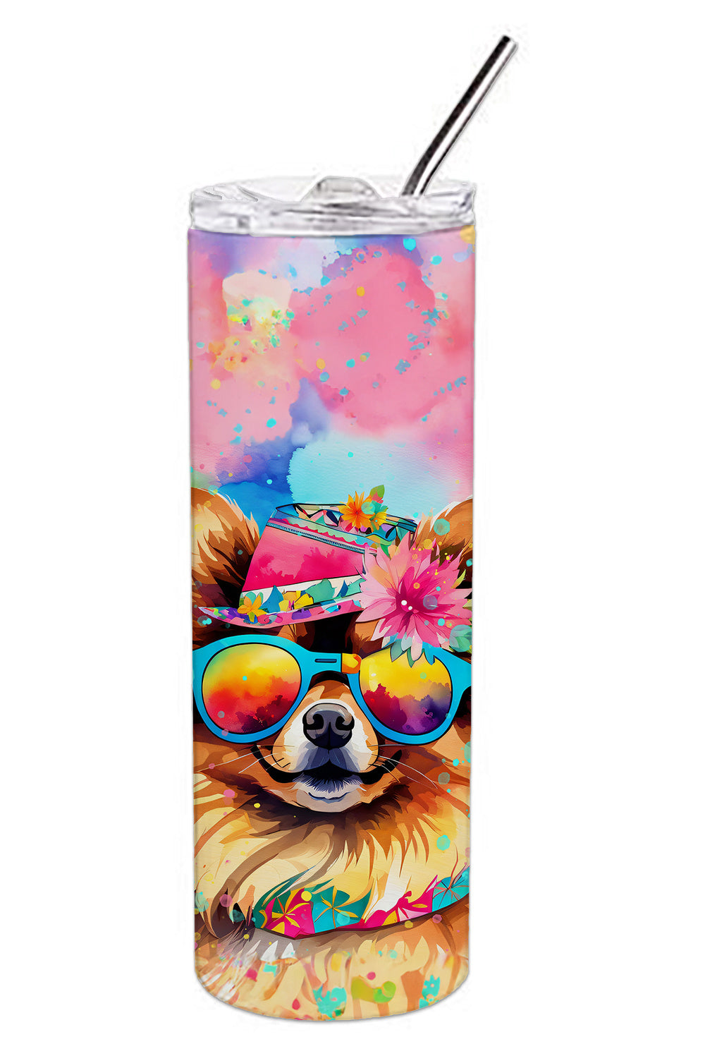 Pomeranian Hippie Dawg Stainless Steel Skinny Tumbler Vacuum Double Walled Reusable Insulated Tumbler Travel Cup for Coffee Cocktails Gift with Lid, 20 oz