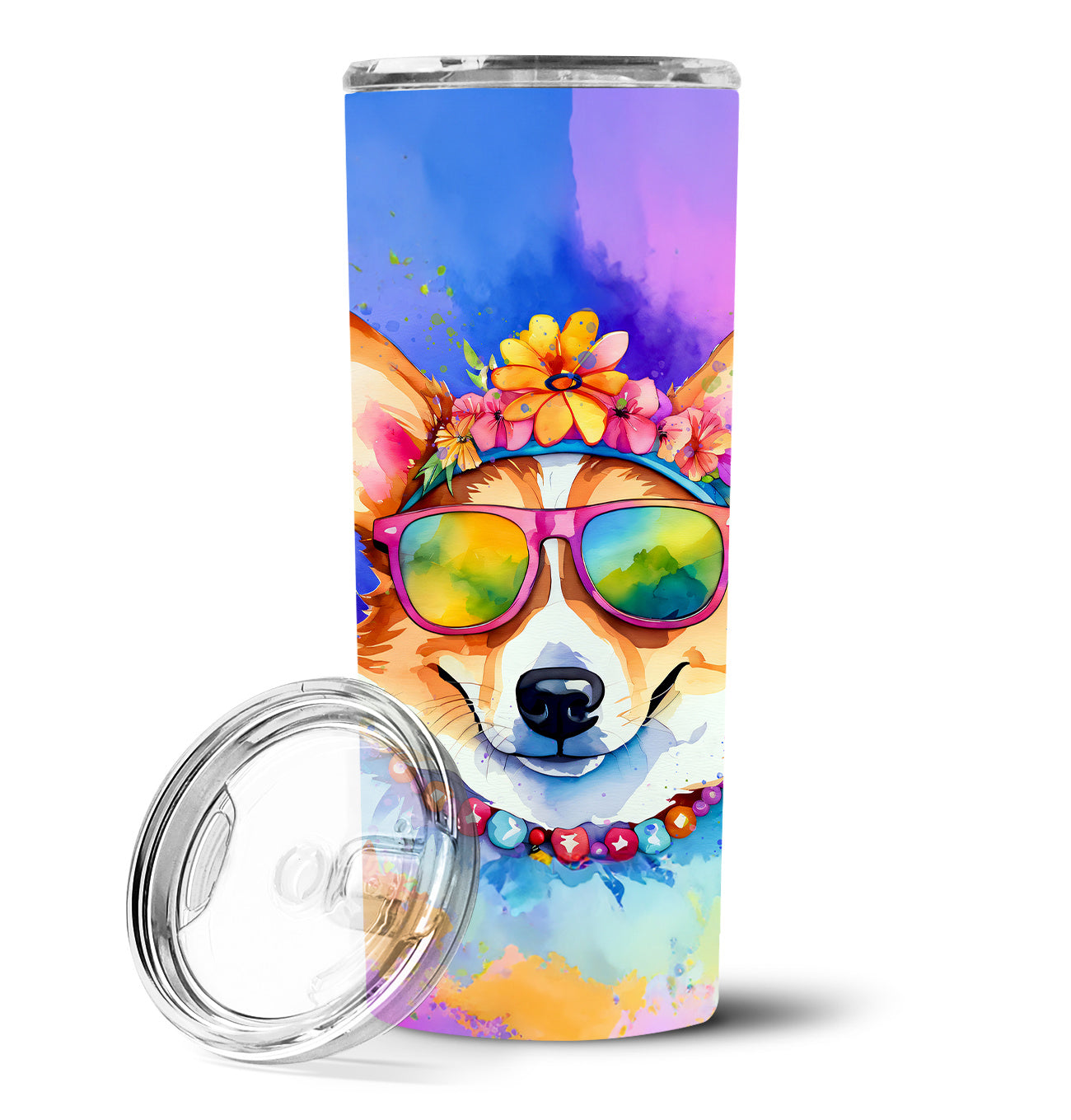 Corgi Hippie Dawg Stainless Steel Skinny Tumbler Vacuum Double Walled Reusable Insulated Tumbler Travel Cup for Coffee Cocktails Gift with Lid, 20 oz