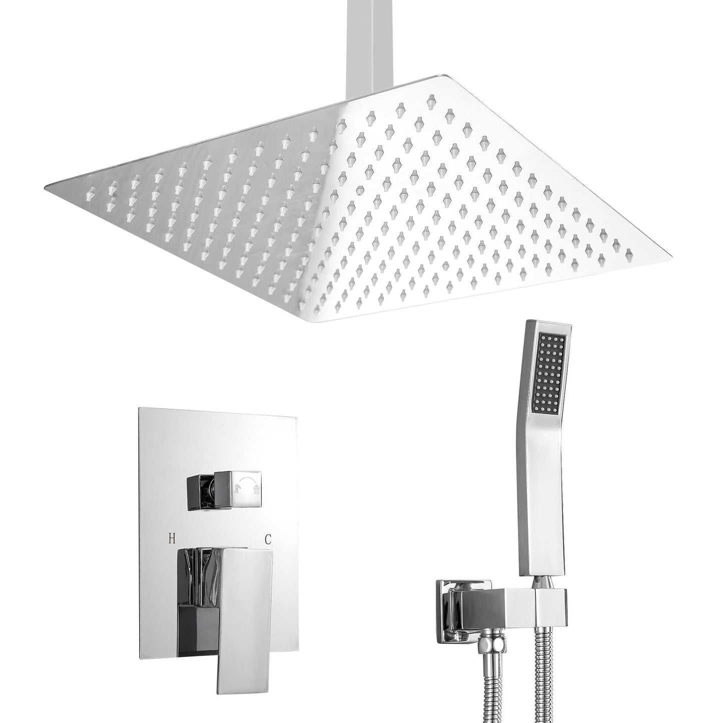 16\" Rainfall Shower Head and Handhled Shower Head,Ceiling Mounted Matte Black Shower System