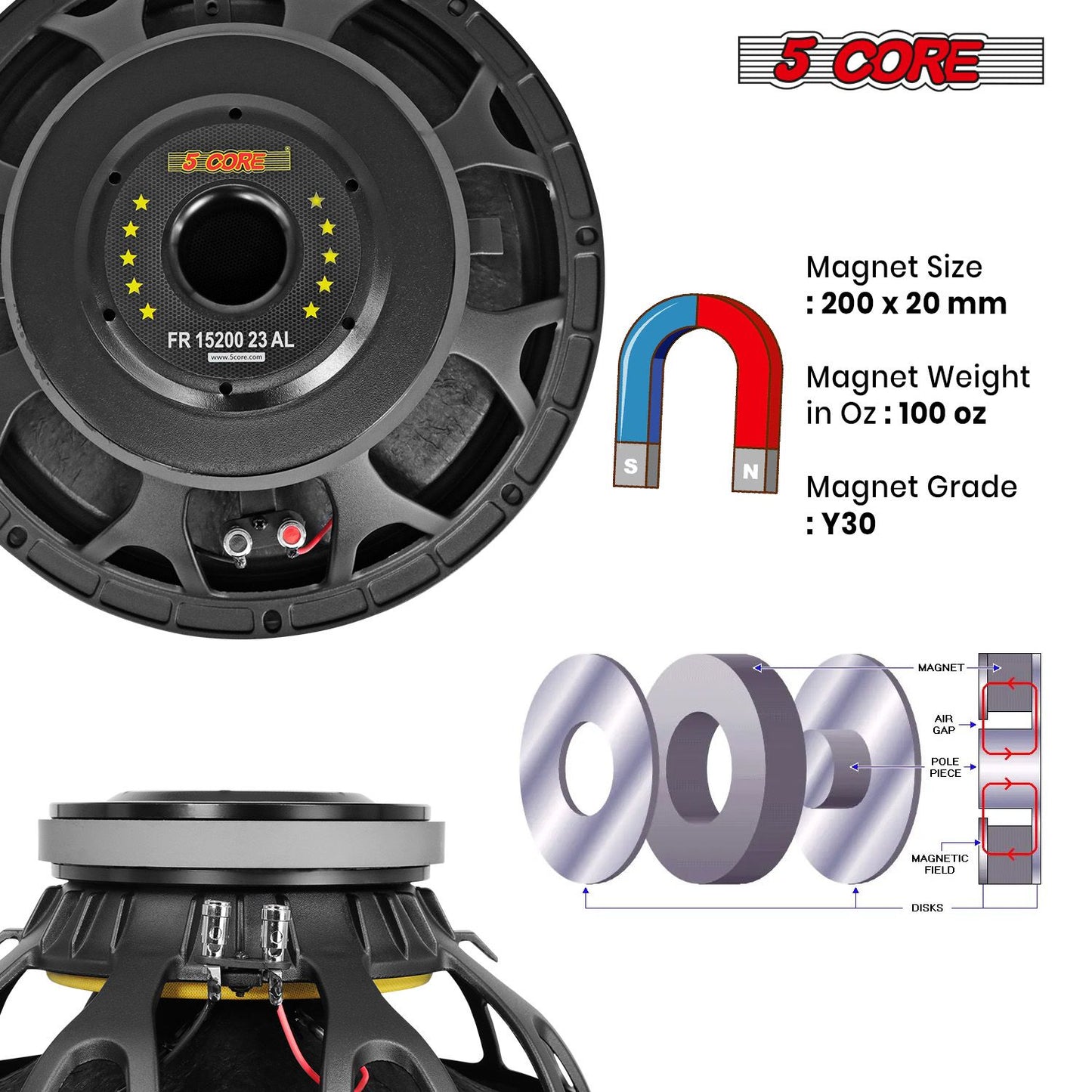 5Core 15 Inch Subwoofer Speaker 2000W Peak 8 Ohm Full Range Replacement DJ Bass Sub Woofer Loudspeaker with 4" Voice Coil and 74 Oz Y30 Magnet5Core 15 Inch Subwoofer FR 15200 23 AL