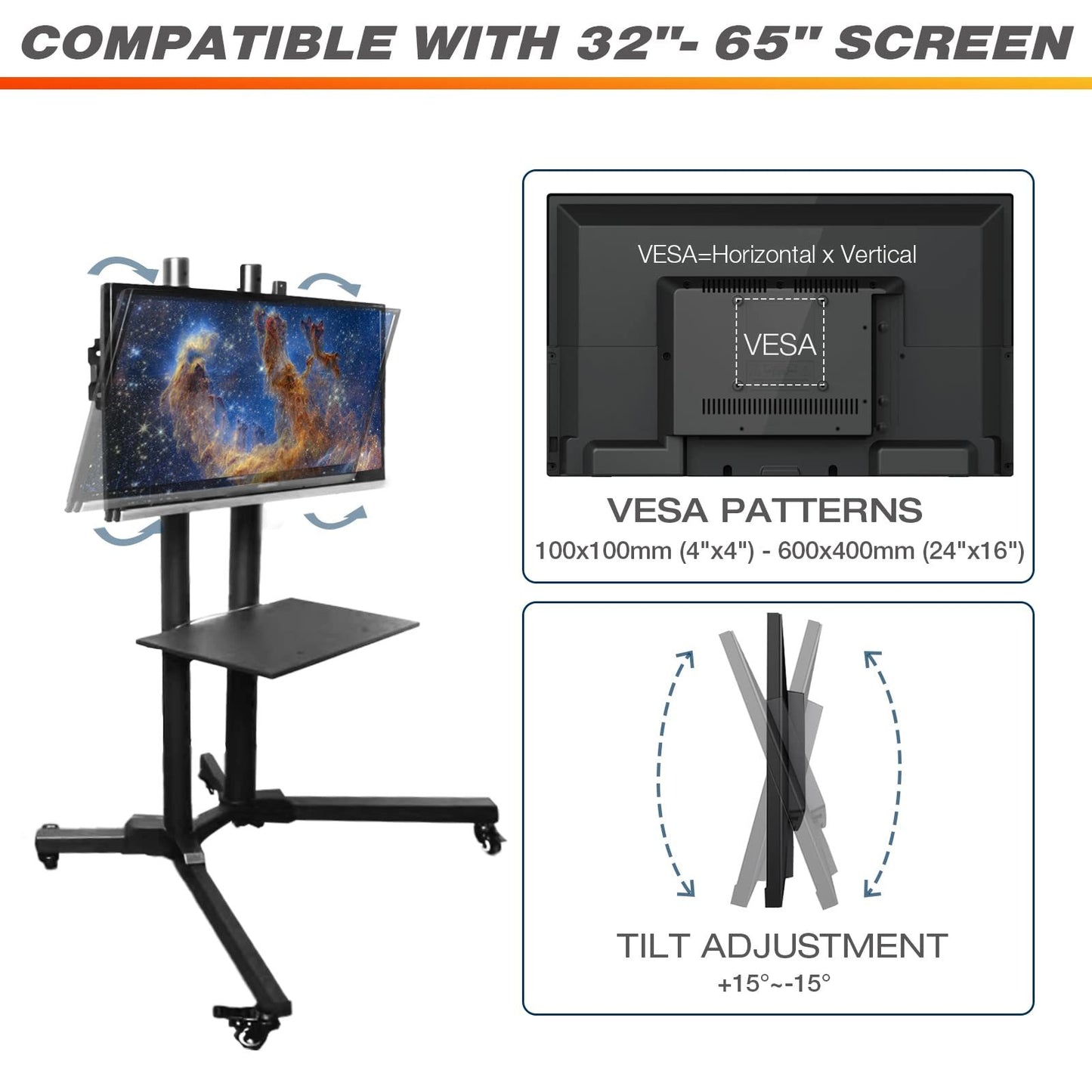 Mobile TV Stand on Wheels for 32-65 Inch LCD LED Flat Panel Curved Screen TV up to 132lbs, TV Cart with Height Adjustable Laptop Shelf Movable Portable Rolling Floor TV Stand Max VESA 600*400mm