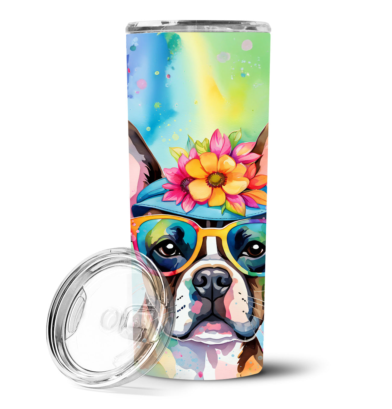 Boston Terrier Hippie Dawg Stainless Steel Skinny Tumbler Vacuum Double Walled Reusable Insulated Tumbler Travel Cup for Coffee Cocktails Gift with Lid, 20 oz