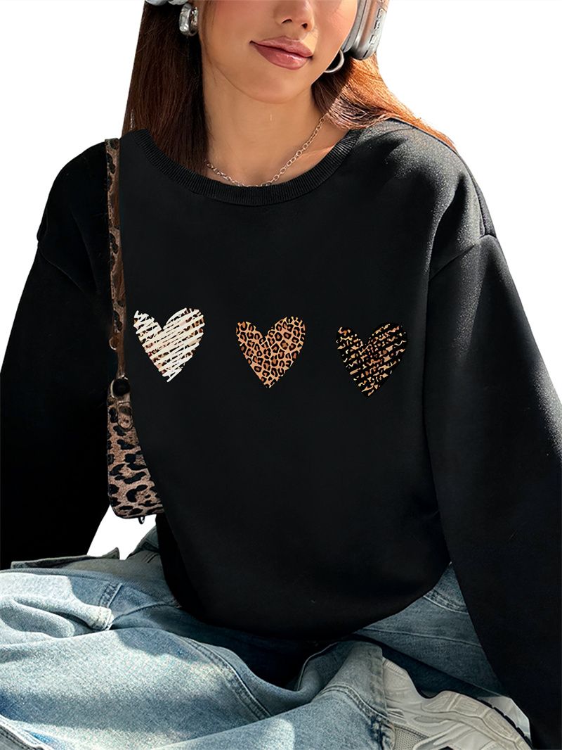 Women Basic Casual Pullover Spring Autumn Long Sleeve Three Hearts Printed Round Neck