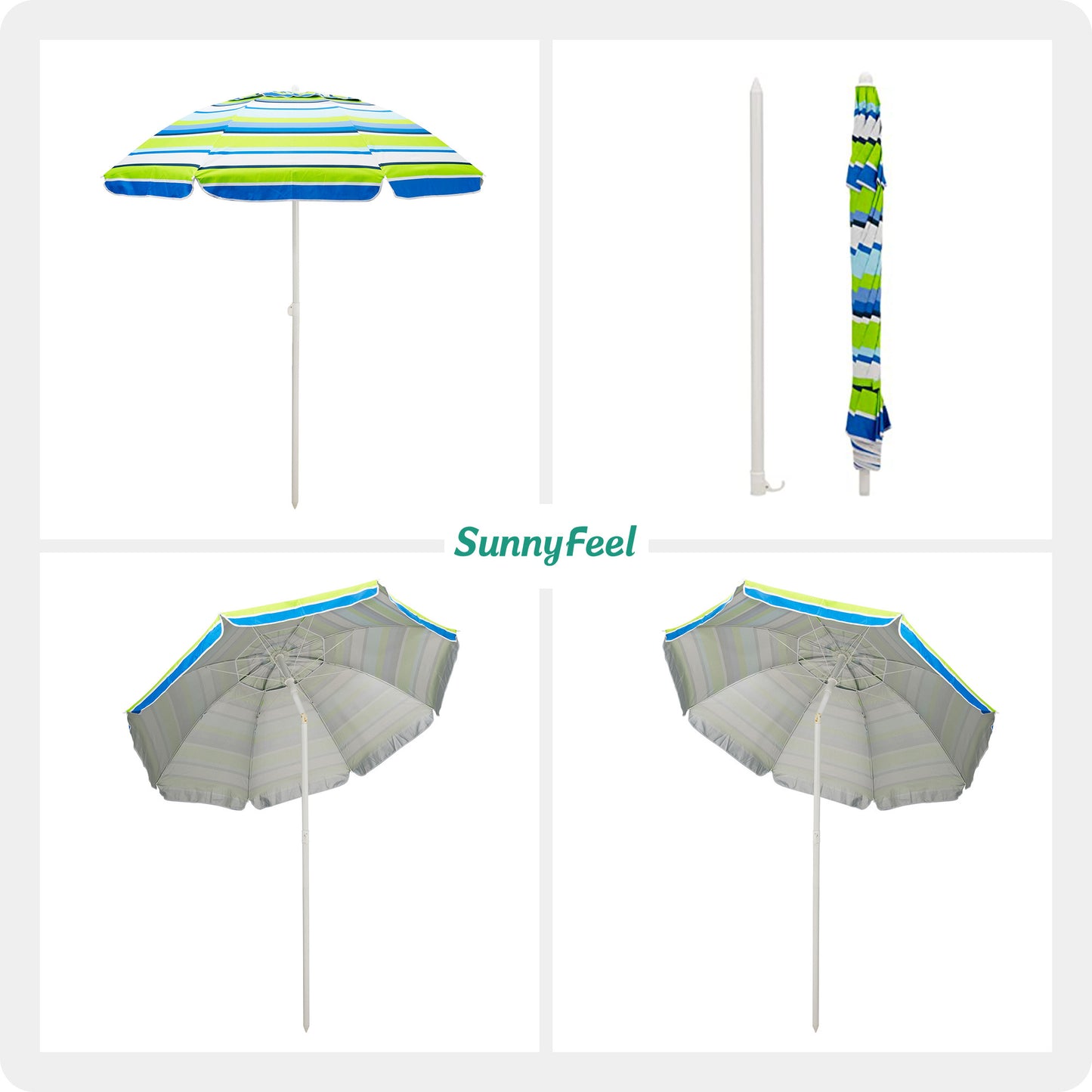 SUNNYFEEL Beach Umbrella 6ft, Portable Outdoor Umbrellas with Carry Bag Sand Anchor Push Button Tilt Pole UPF50+ UV Protection Windproof Sunshade Parasol for Beach, Patio, Yard, Garden