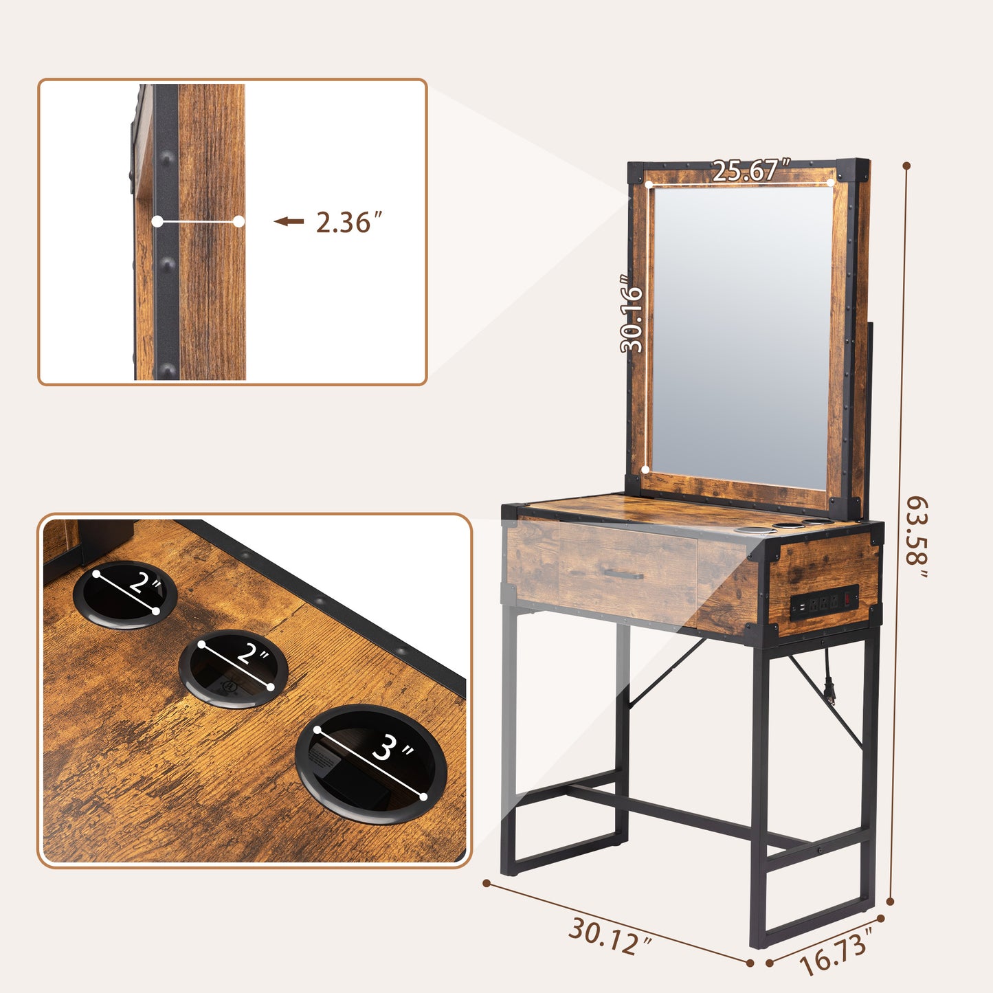 Hair salon table with mirror - burned wood grain