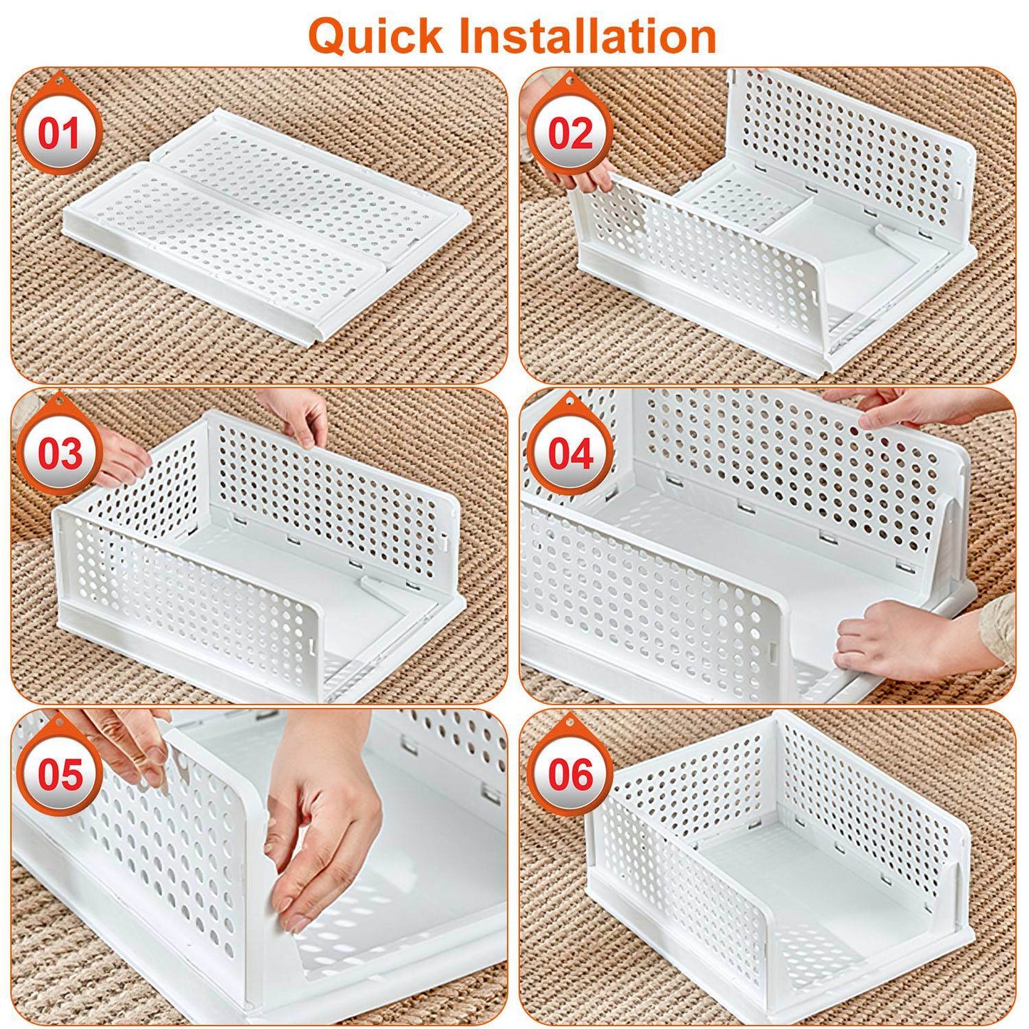 4 Packs Plastic Storage Box Closet Organizer Foldable Storage Bin Stackable Drawer with Slide Rail Push-Pull Storage Basket for Living Room Bedroom Wardrobe White