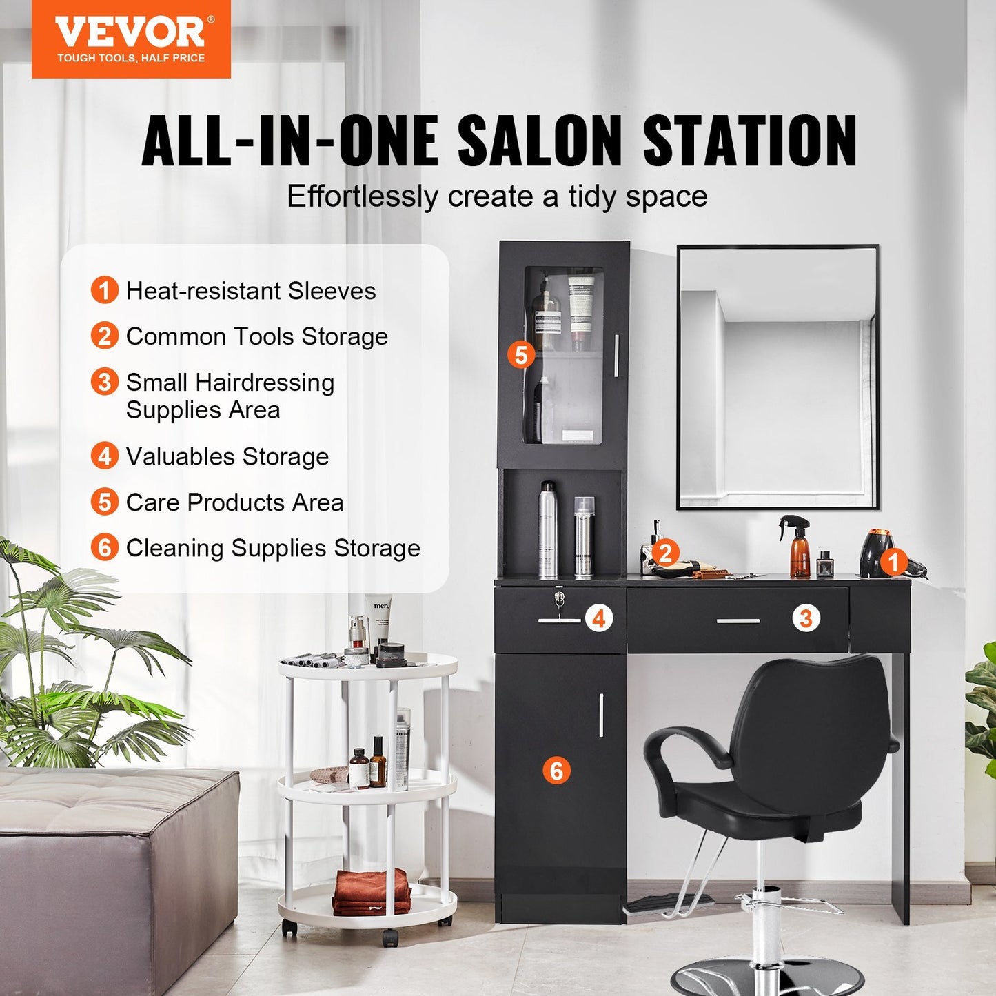 VEVOR Salon Station, Wall Mount Barber Salon Station for Hair Stylist, Beauty Spa Furniture Set, 1 Storage Cabinet, 3 Cubbies and 2 Drawers(One Lockable), Black