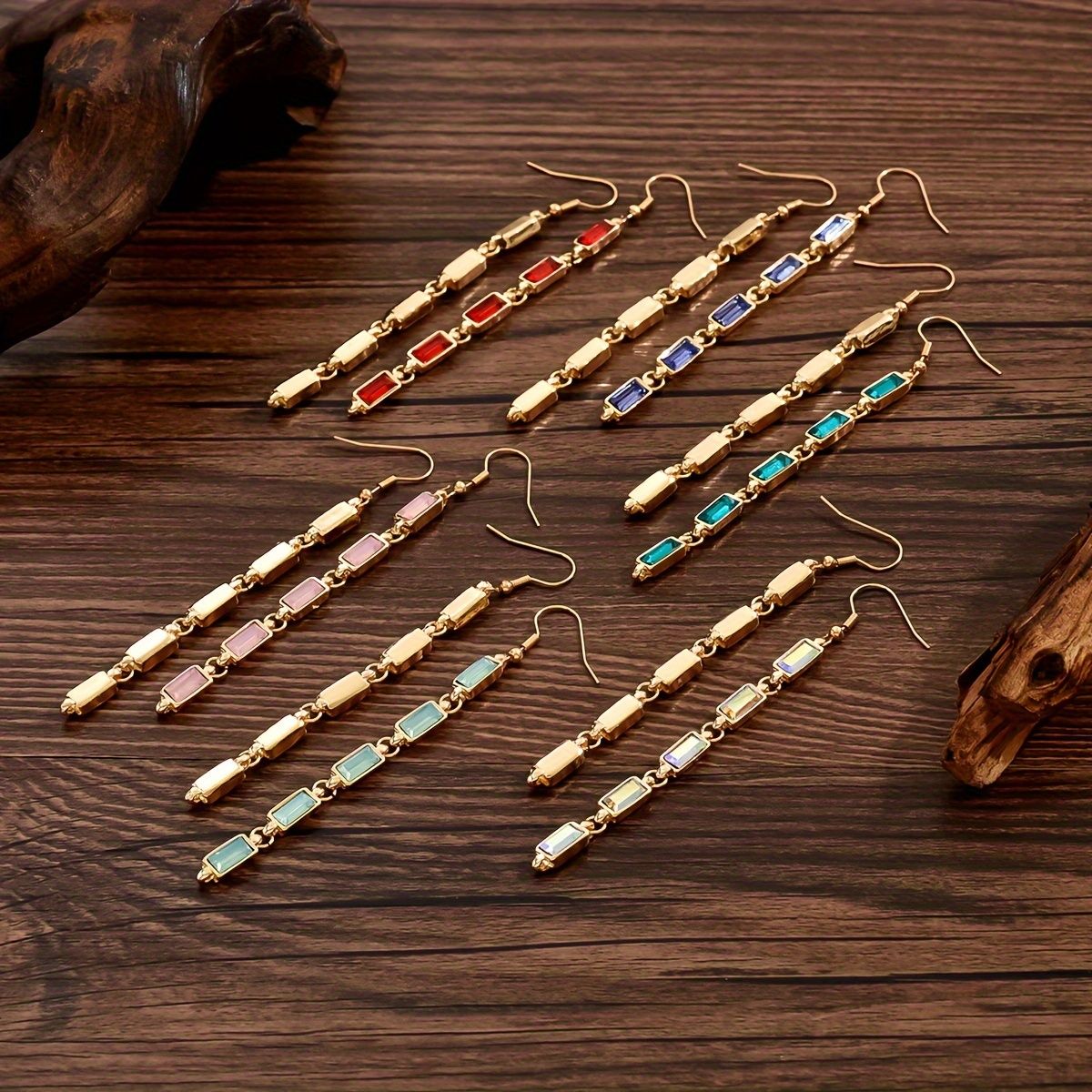 "14k Gold Plated Multi-Gemstone Drop Earrings with Colored  Glass Stones - Elegant and Chic Long Chain Dangles"