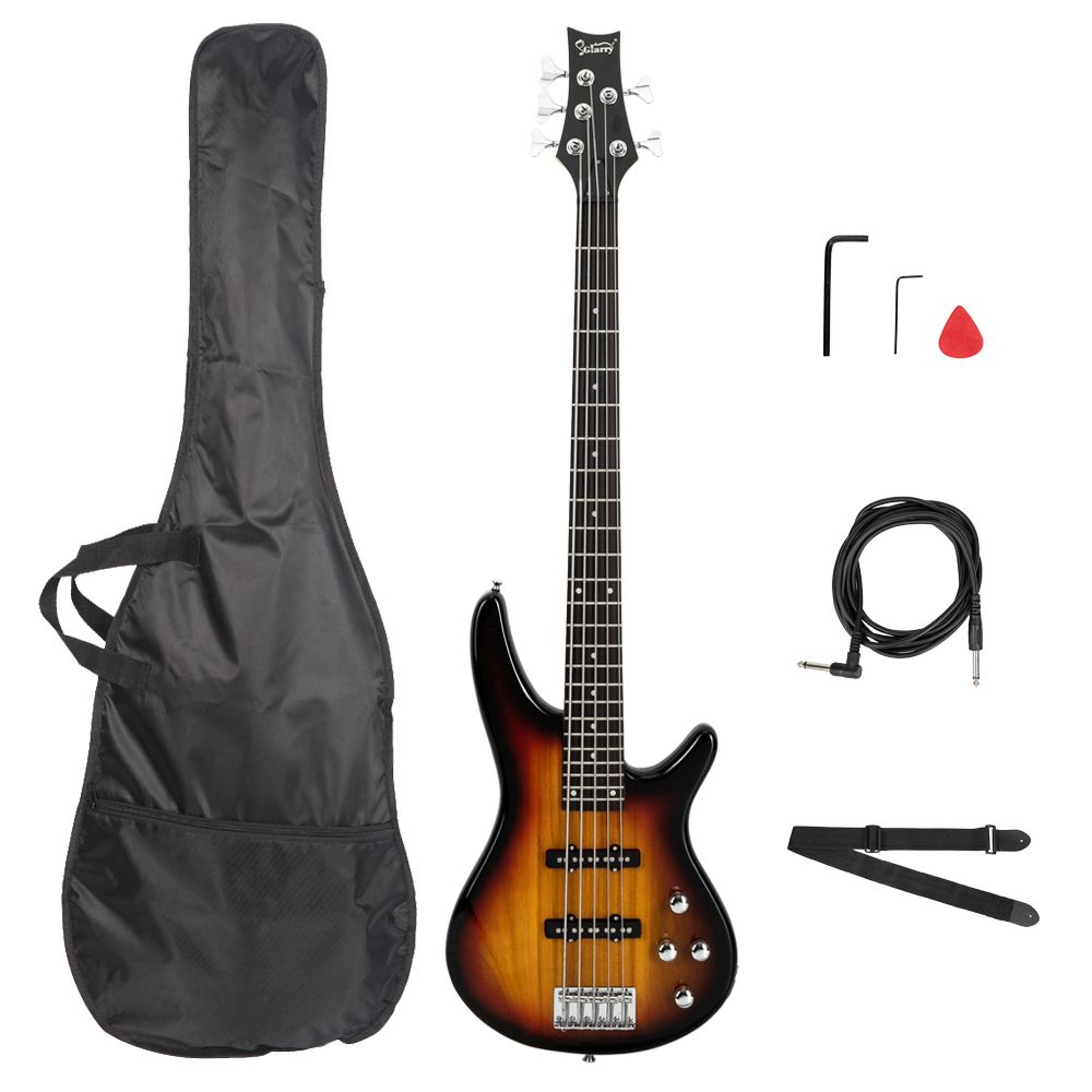 [Do Not Sell on Amazon]Glarry GIB Electric 5 String Bass Guitar Full Size Bag Strap Pick Connector Wrench Tool Sunset Color