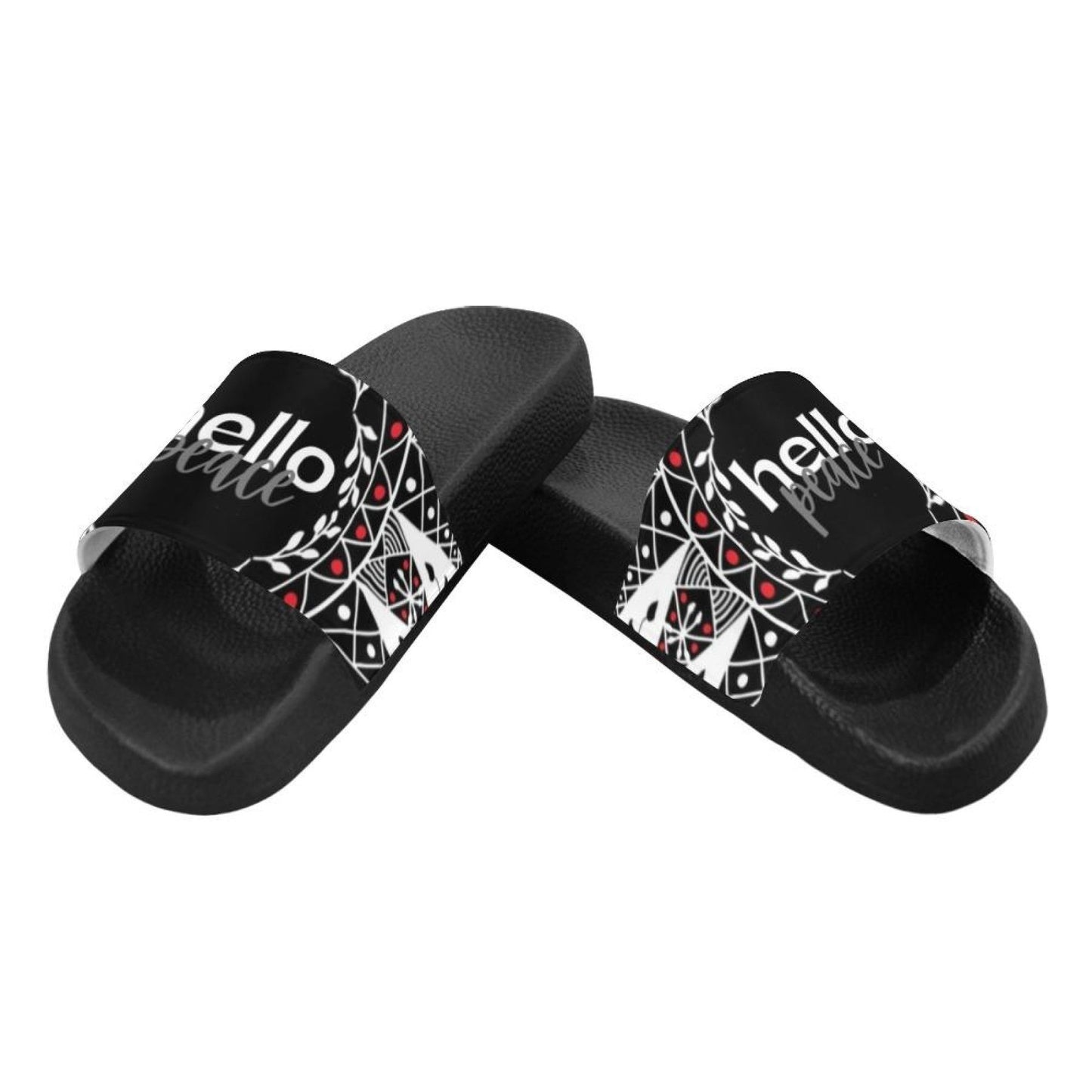 Flip-Flop Sandals, Black Red And White Hello Peace Bohemian Style Womens Slides