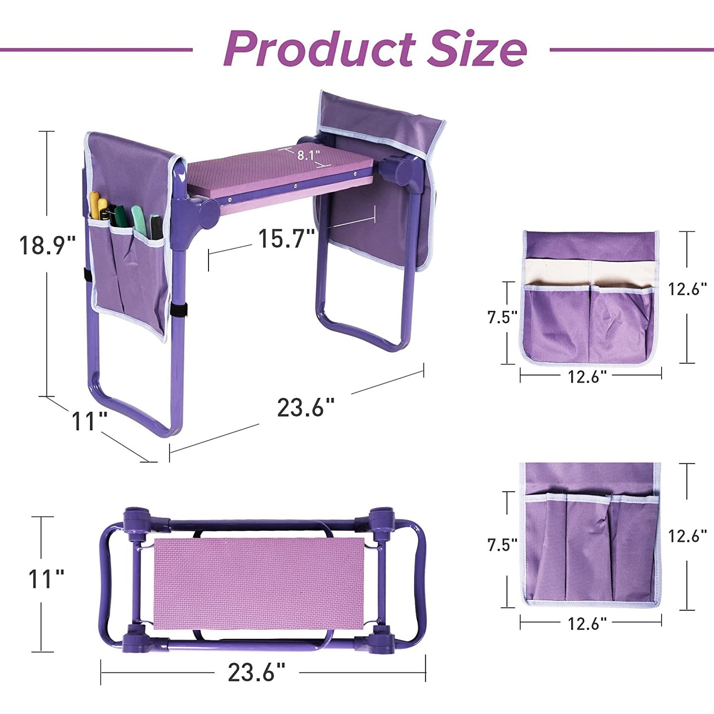 Heavy Duty Widen Garden Kneeler and Seat Bench Folding Garden Workseat with EVA Foam Kneeling Pad and Dual Pouch