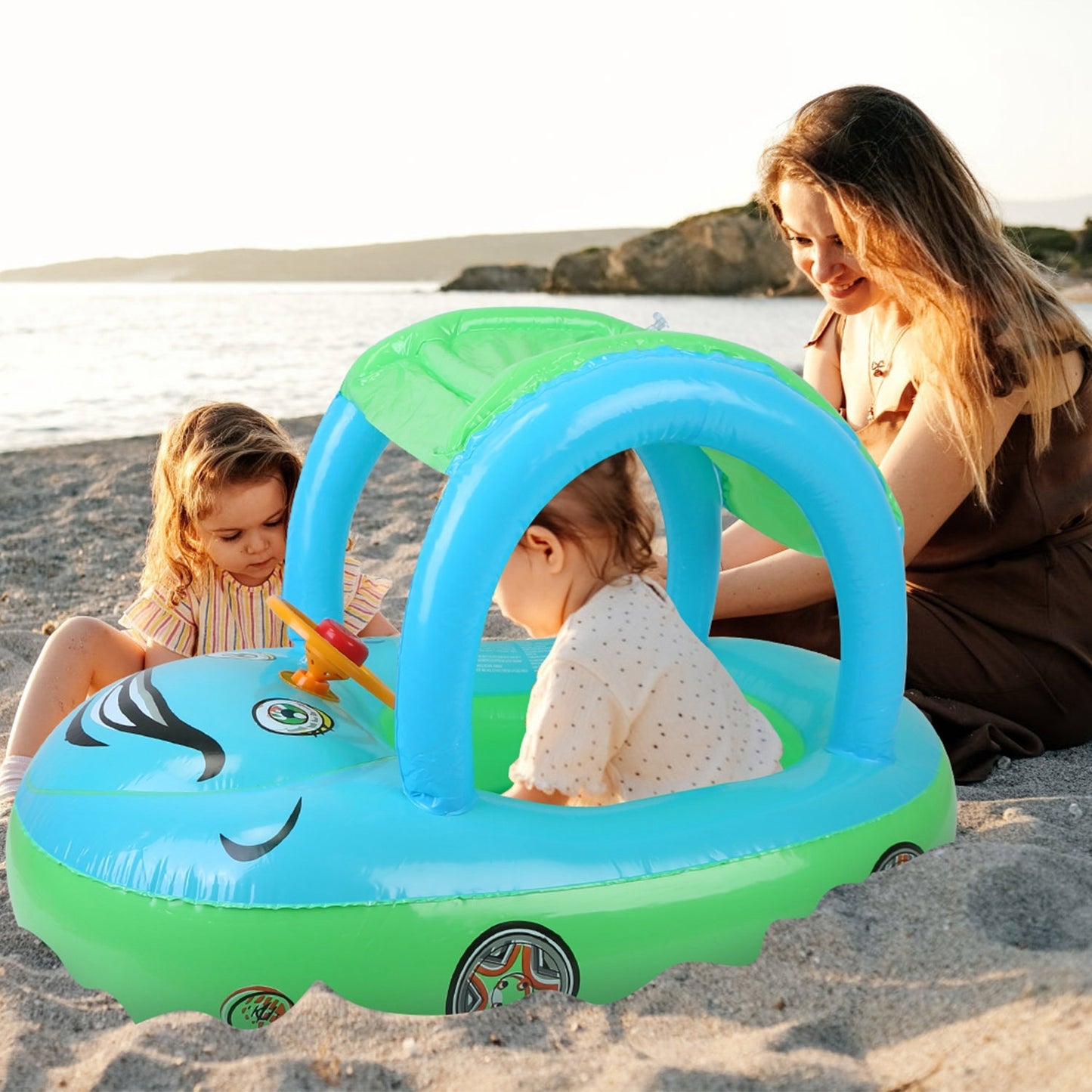 Baby Inflatable Pool Float Car Shaped Toddler Swimming Float Boat Pool Toy Infant Swim Ring Pool with Sun Protection Canopy for 1-3 Year-Old Kids Infant Toddlers