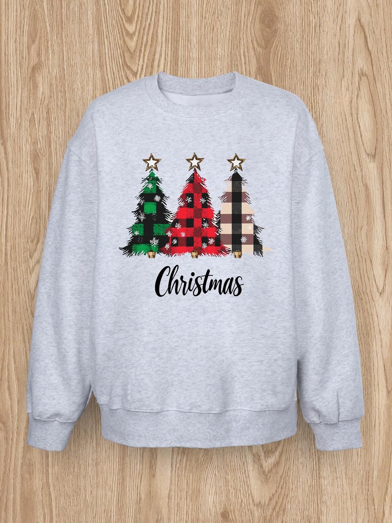 Women Basic Casual Pullover Spring Autumn Long Sleeve Plaid Christmas Tree Printed Round Neck