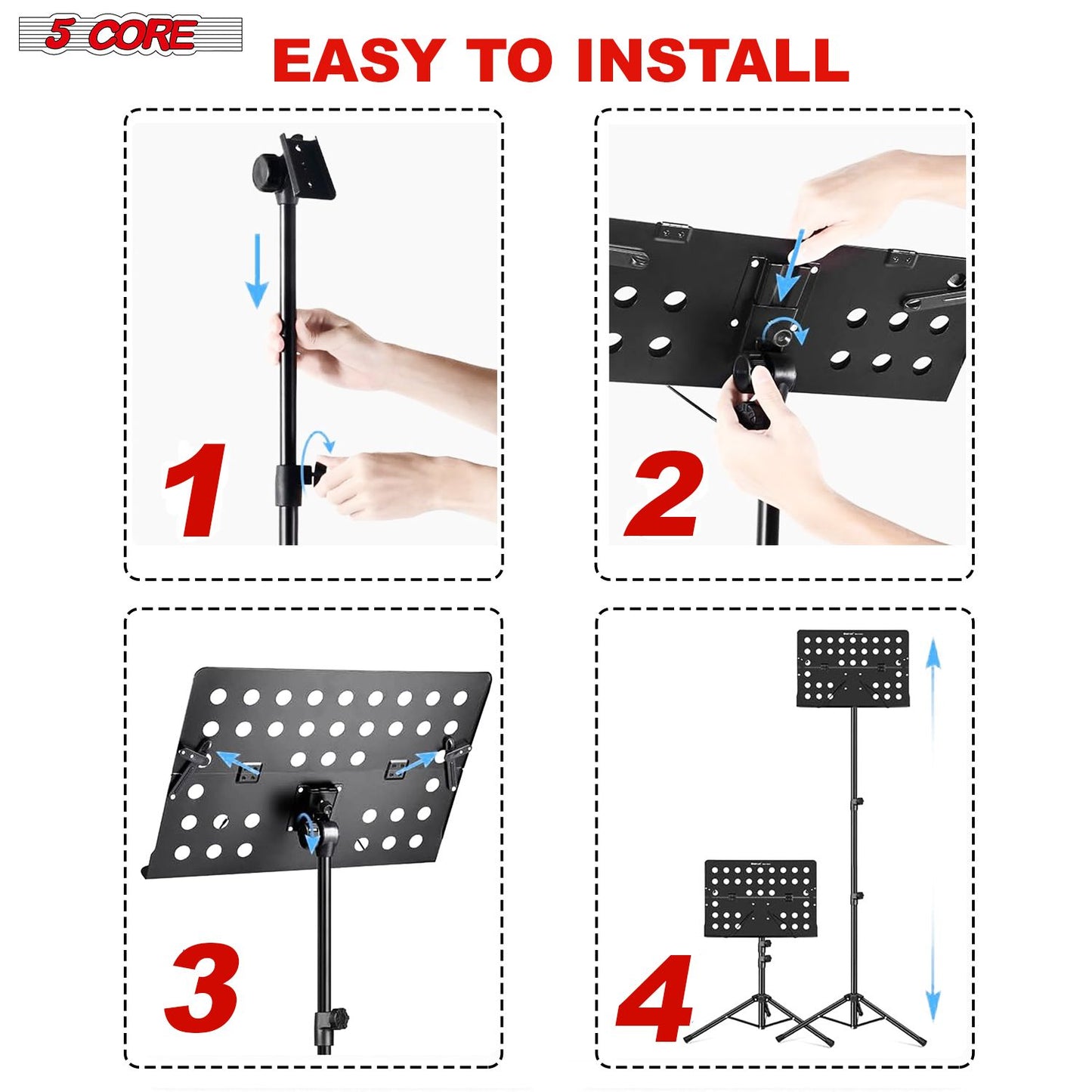 5 Core Music Stand For Sheet Music Height Adjustable Portable Folding Atril Para Partituras w Light Clip for Guitar Players Violinists Cellists Pianists - MUS FLD HD ACC BLK