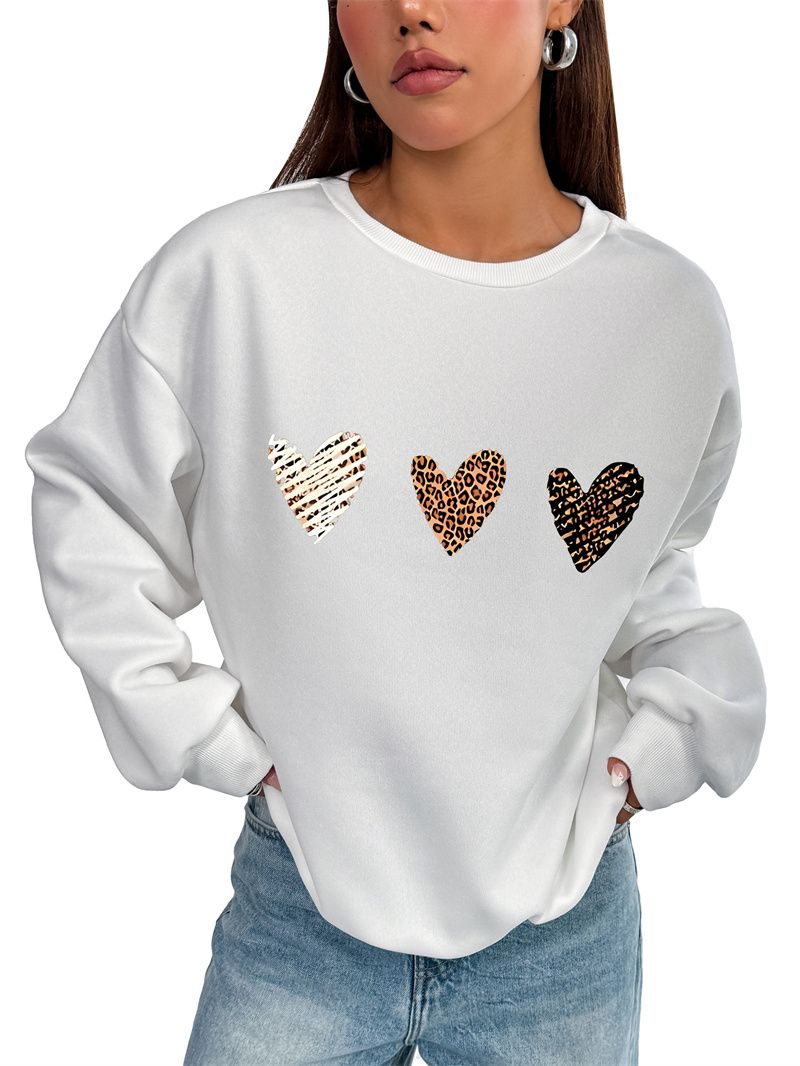 Women Basic Casual Pullover Spring Autumn Long Sleeve Three Hearts Printed Round Neck