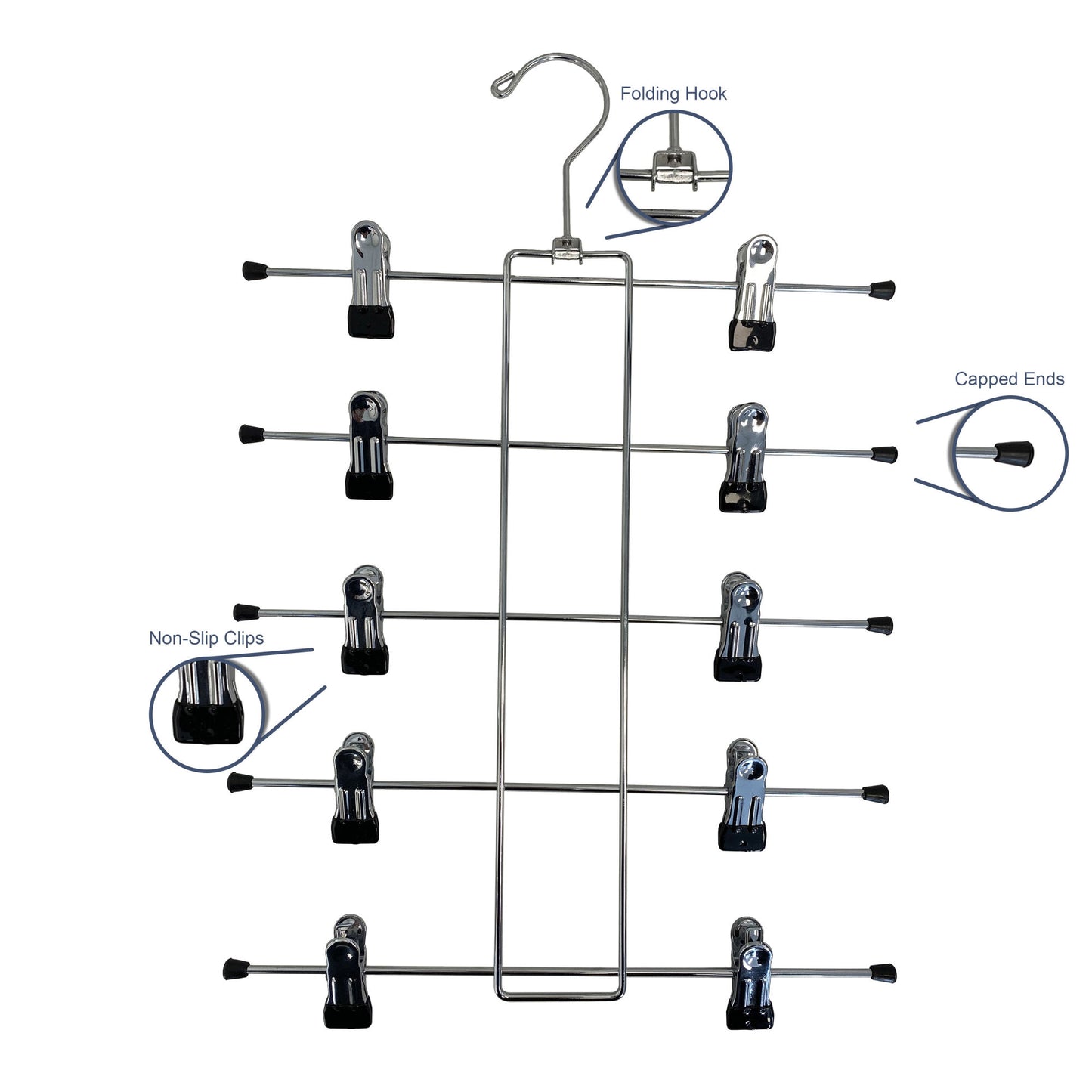 Metal Hanger with Clips 5 Tier | Made of Alloy Steel, with Non-Slip Clips, Folding Frame, & Folding Hook to Hold Skirts, Shorts, & Scarfs | for Closet Organization & Kitchen Storage