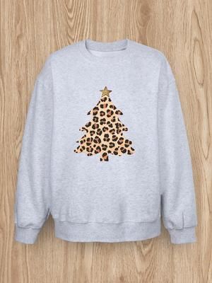 Women Basic Casual Pullover Spring Autumn Long Sleeve Leopard Christmas Tree Printed Round Neck